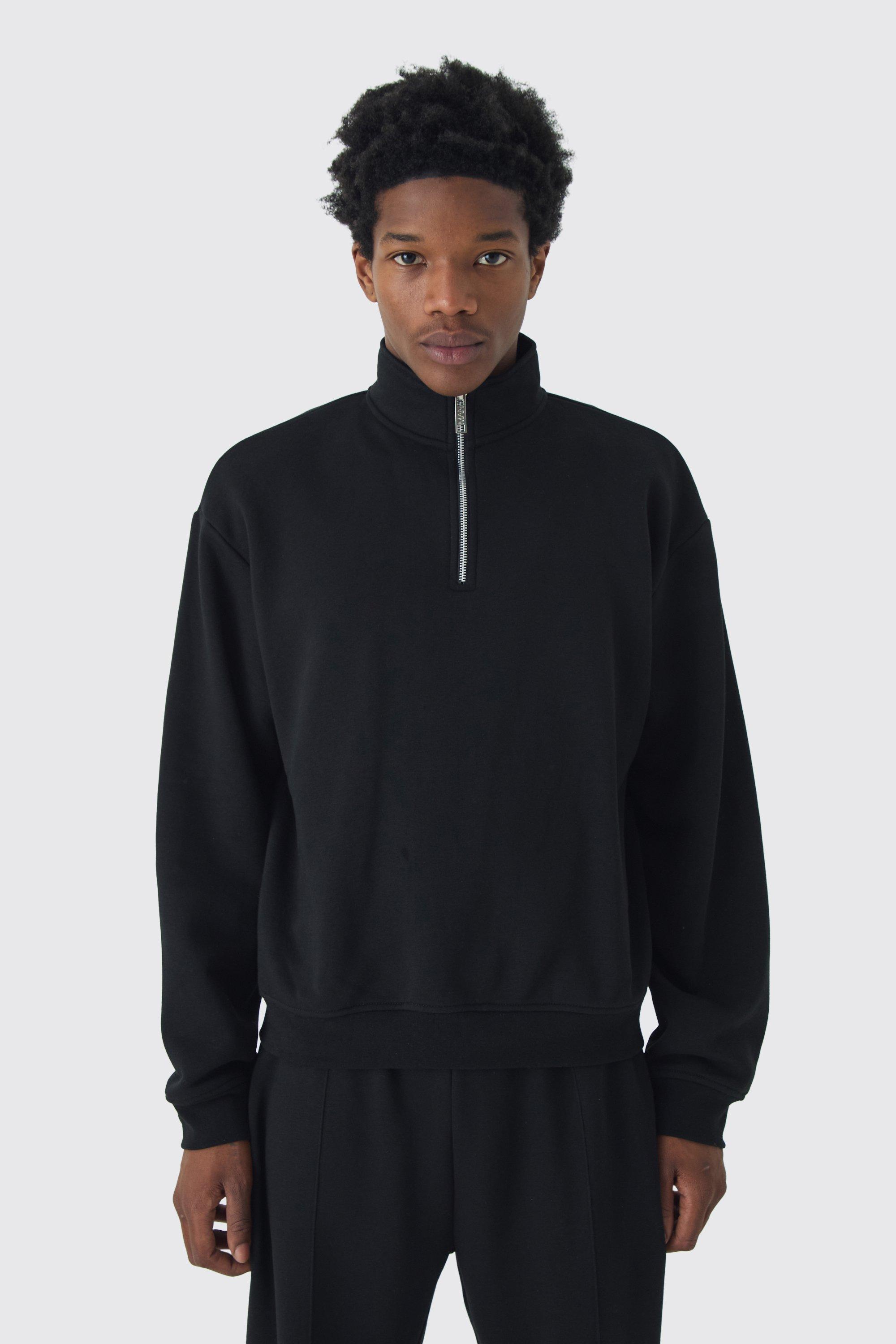 Mens Black 330GSM Oversized Basic Boxy Funnel Neck Sweatshirt, Black