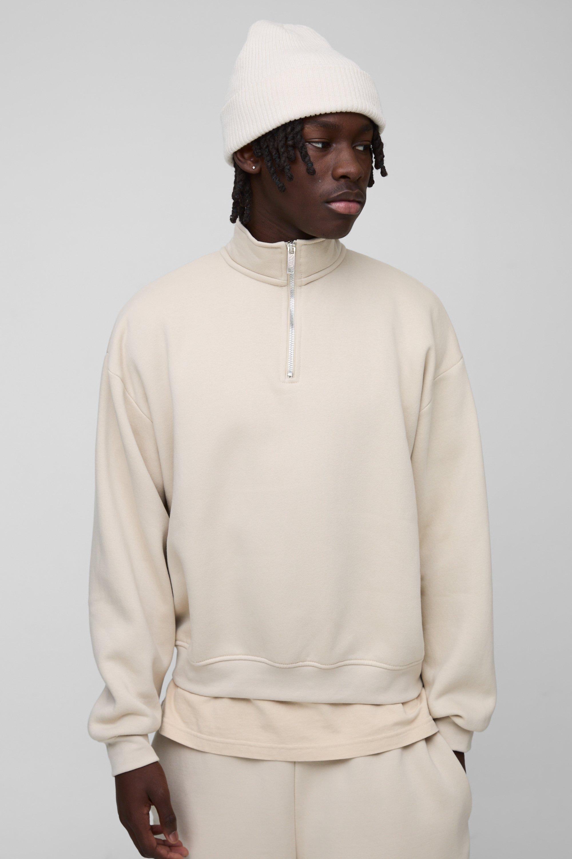 Mens Beige 330GSM Oversized Basic Boxy Funel Neck Sweatshirt, Beige