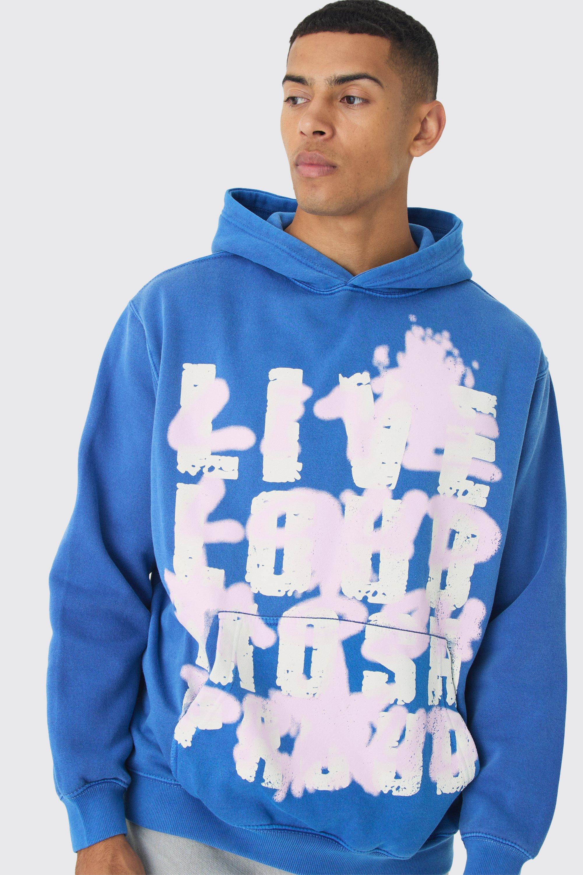 Felpa oversize con stampa Live Loud e cappuccio, Azzurro