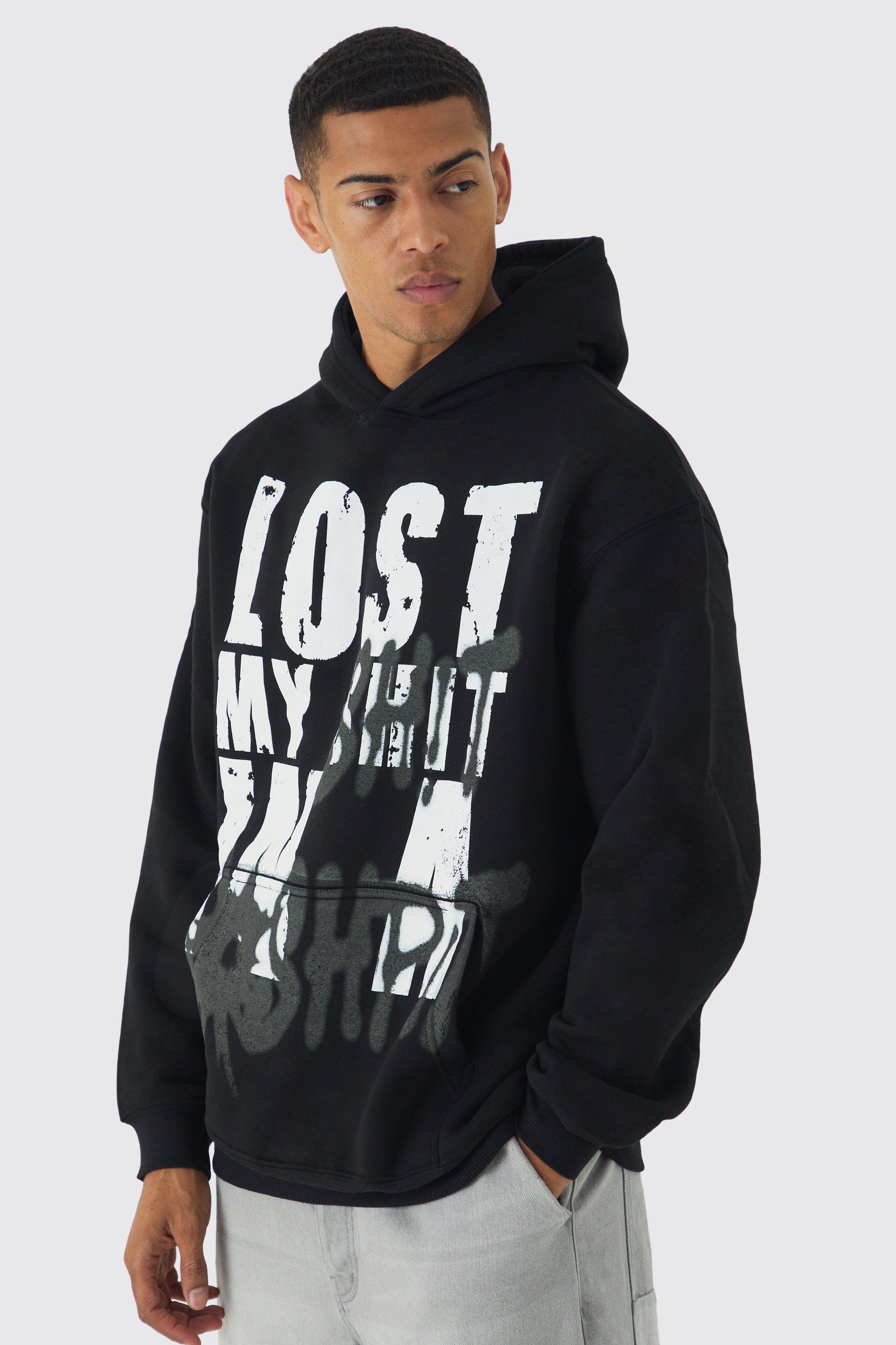 Mens Black Oversized Lost Printed Hoodie, Black