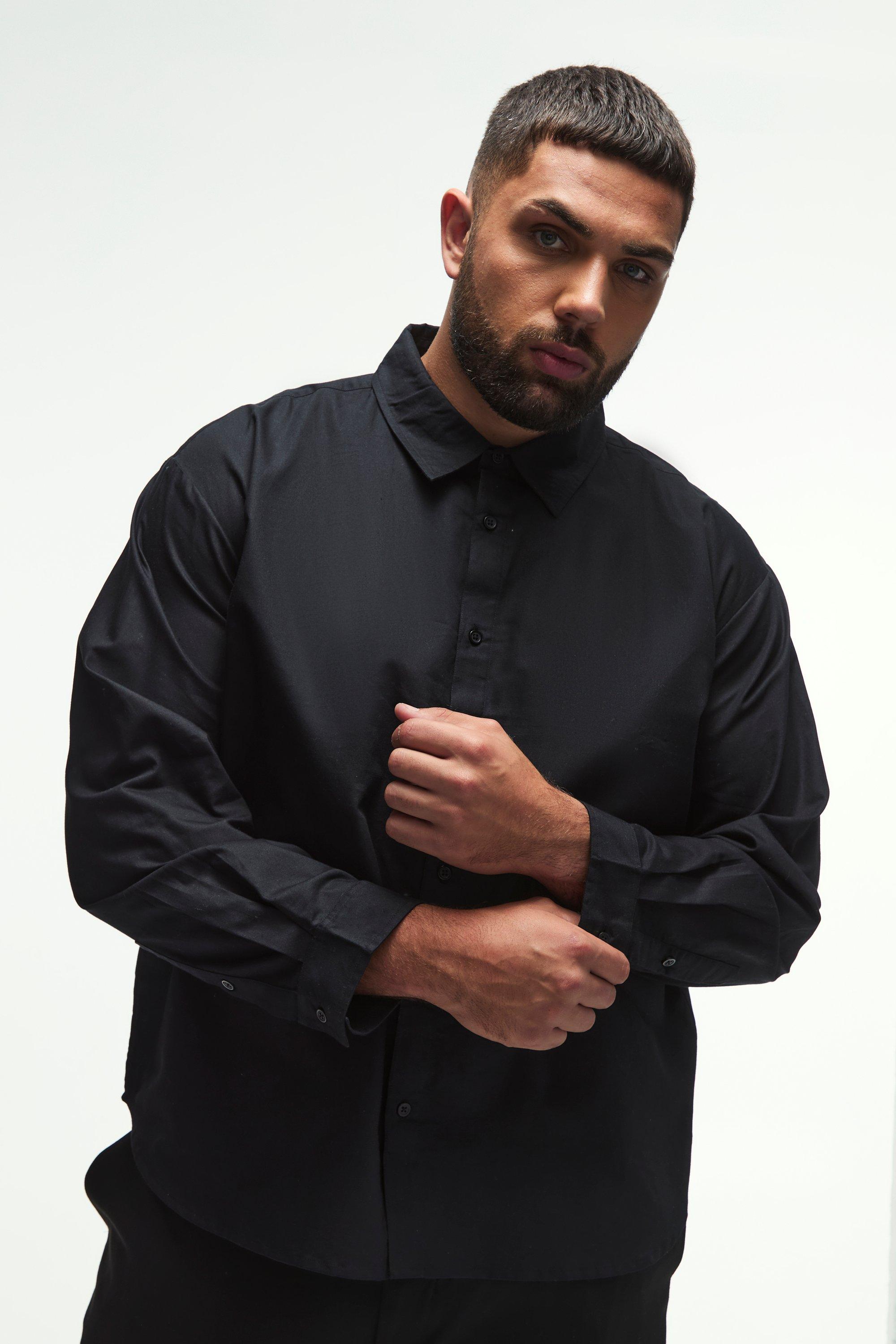 Mens Plus Oversized Fit Oxford Shirt In Black, Black