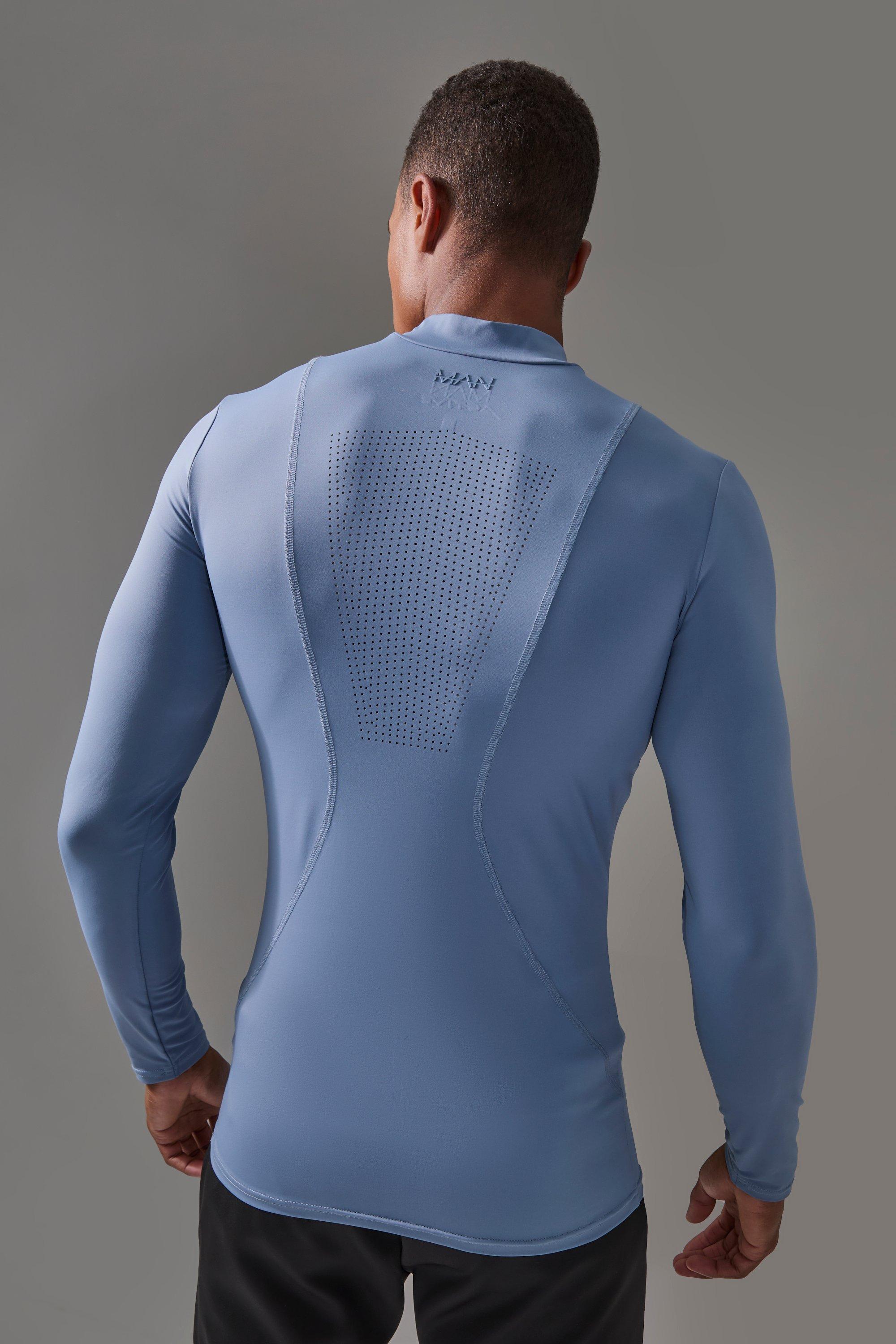 Mens Blue Man Active Pro Long Sleeve High Neck Perforated Base Layer, Blue