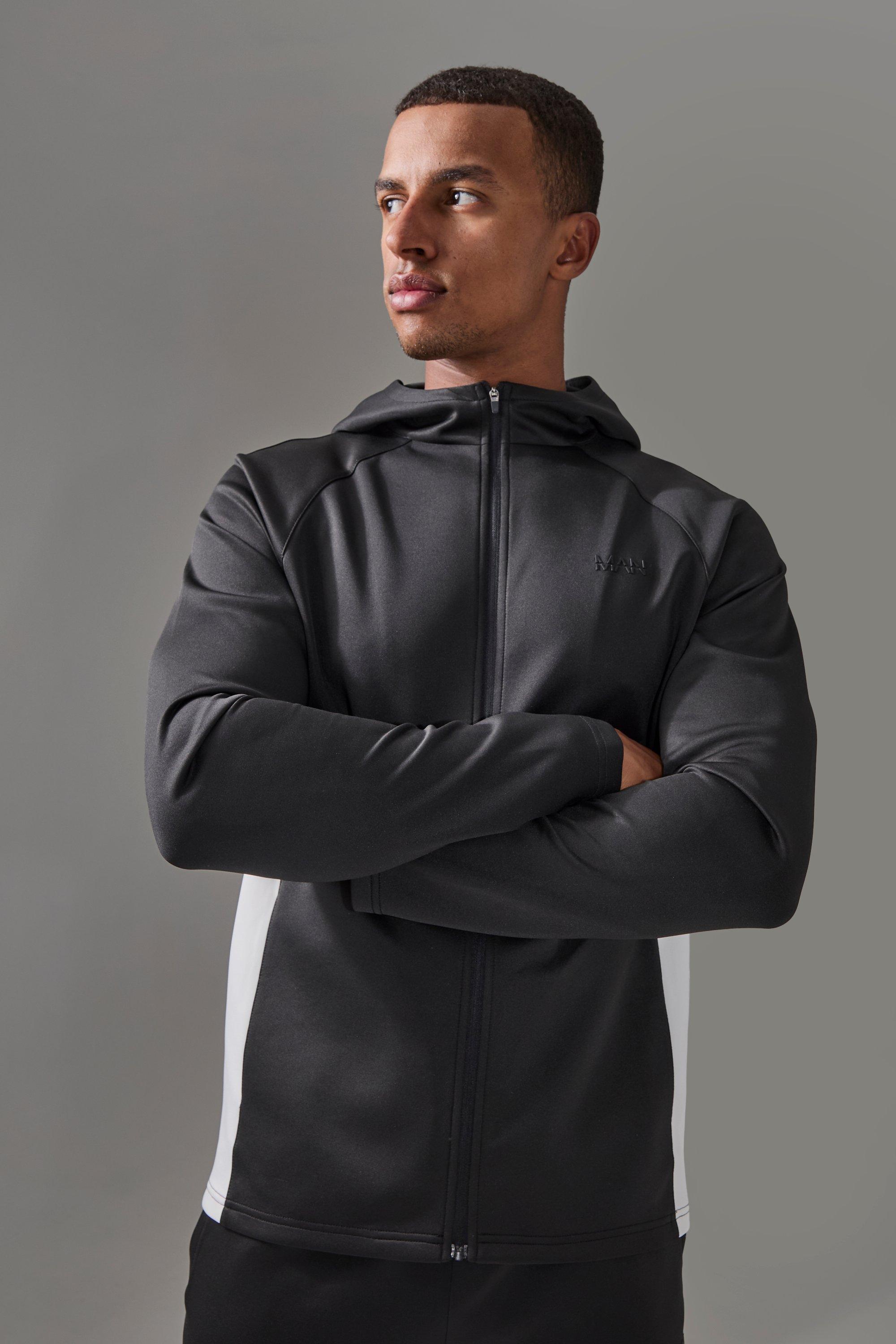 Mens Black Man Active Pro Regular Fit Zip Thru Hooded Track Top, Black