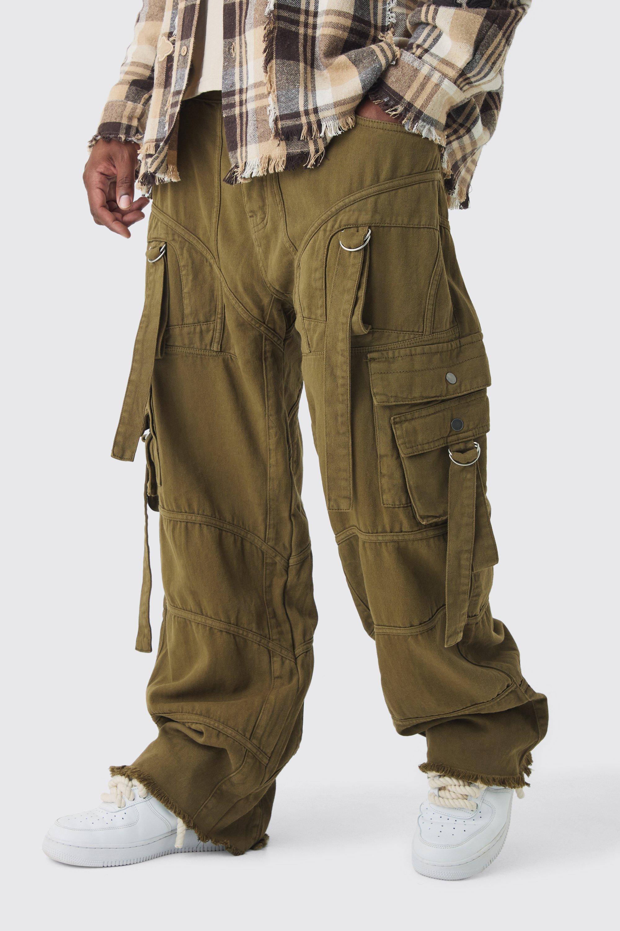 Mens Green Plus Overdyed Relaxed Fit Strap And Buckle Trouser In Khaki, Green