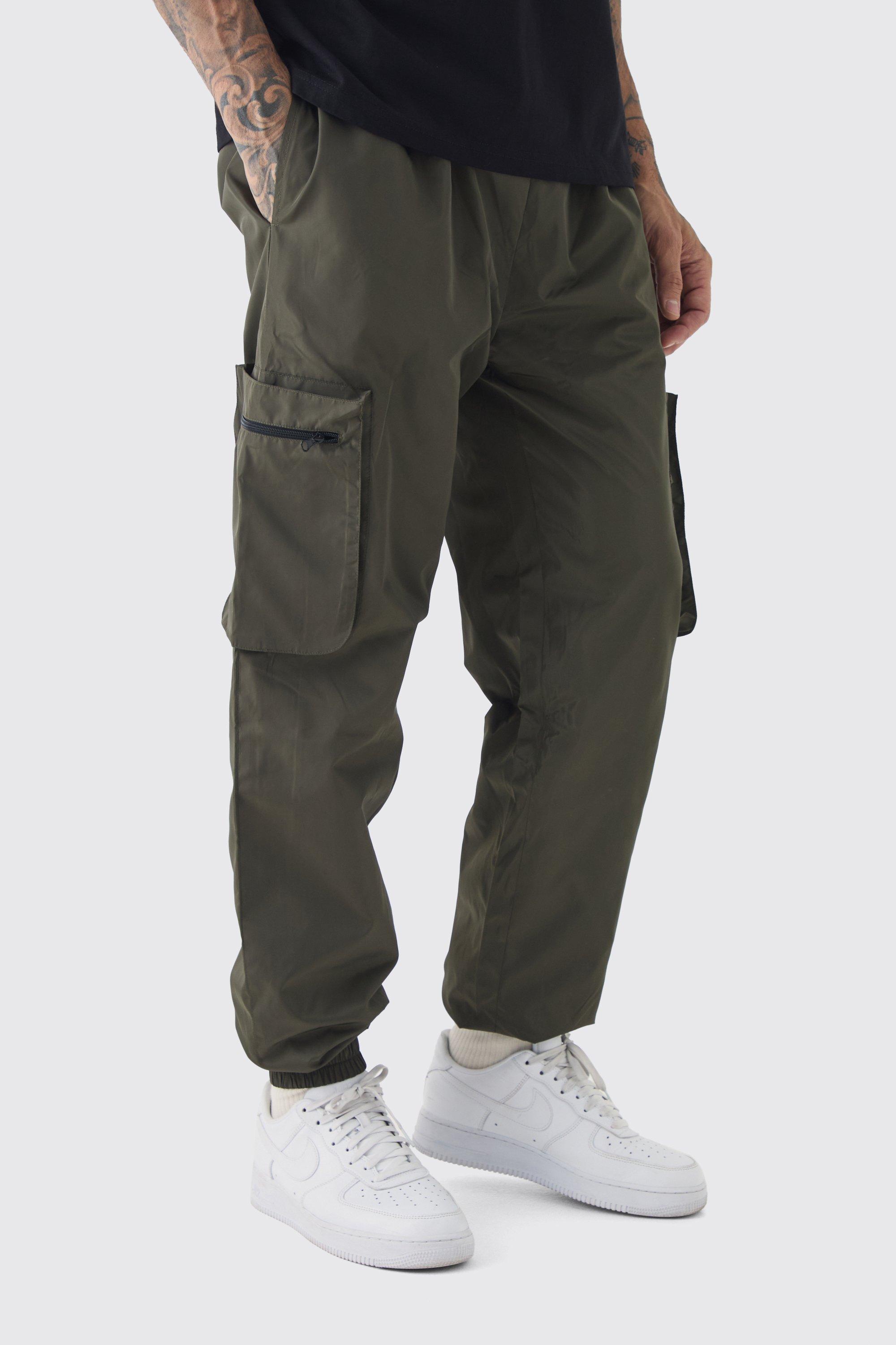 Tall Cuffed Hem Nylon Cargo Trouser In Khaki, Verde