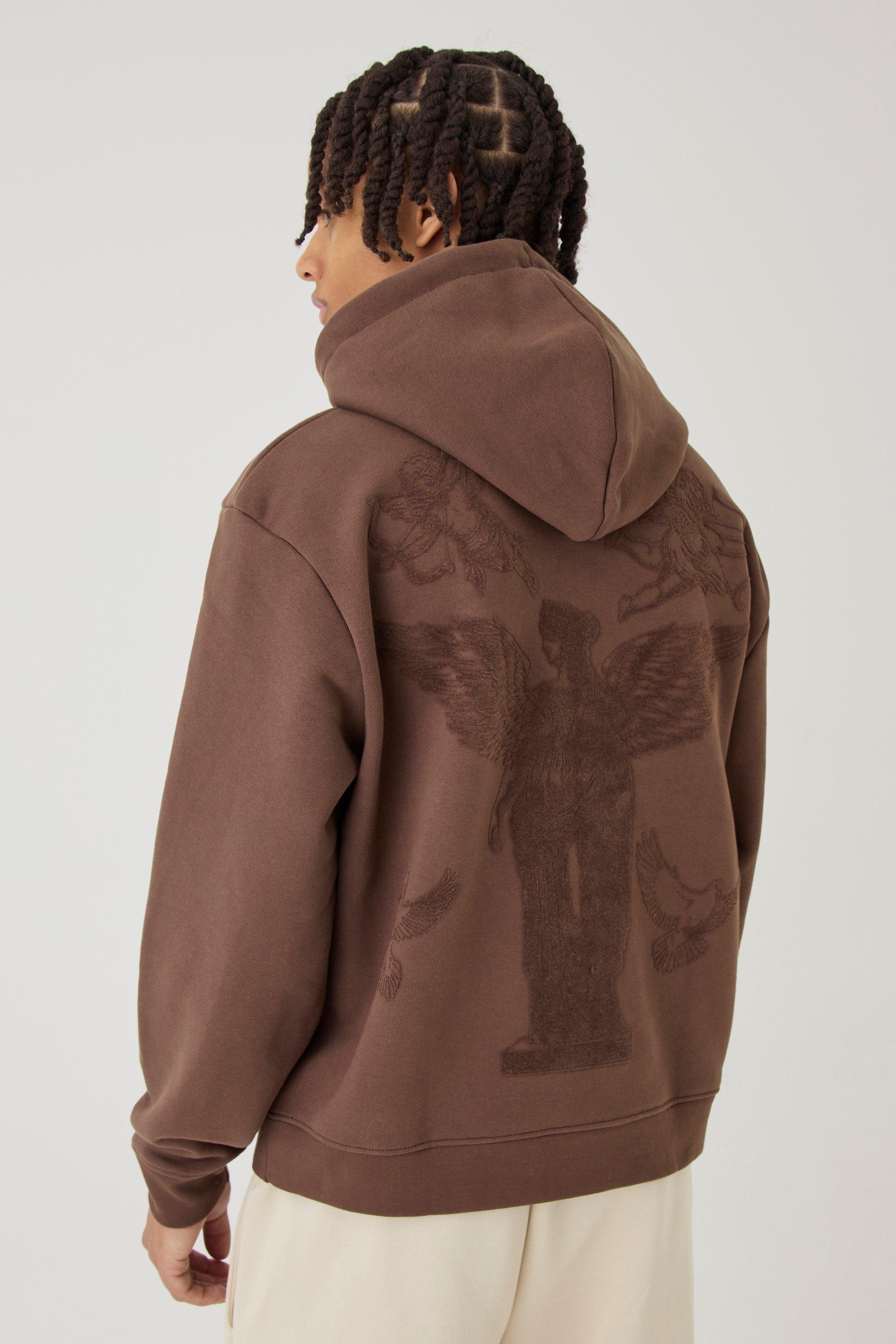 Mens Brown Smart Oversized Boxy Heavyweight Puff Print Hoodie, Brown