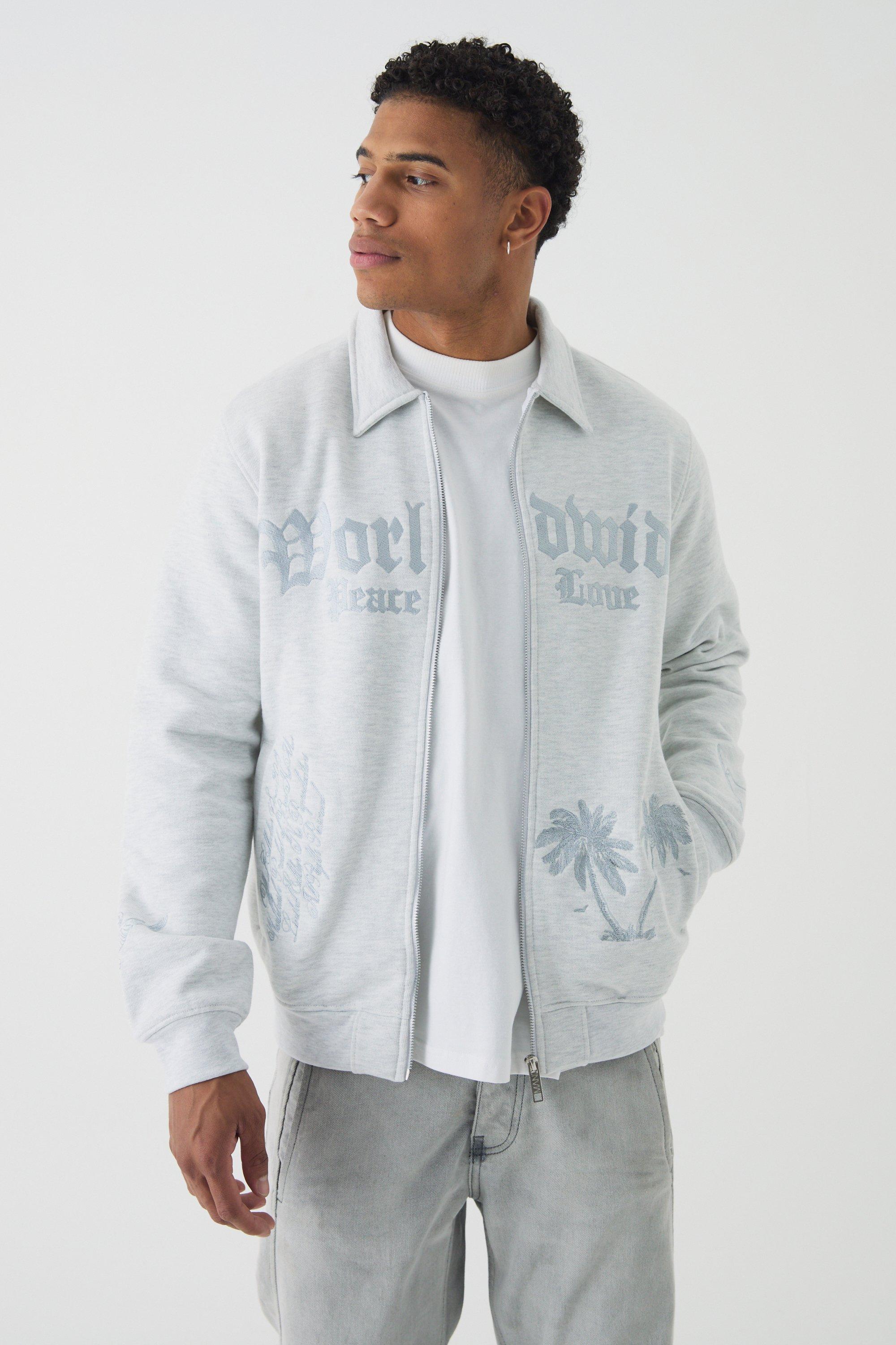 Mens Grey Regular Fit Smart Harrington Embroidered Super Heavyweight Jersey Bomber Jacket, Grey