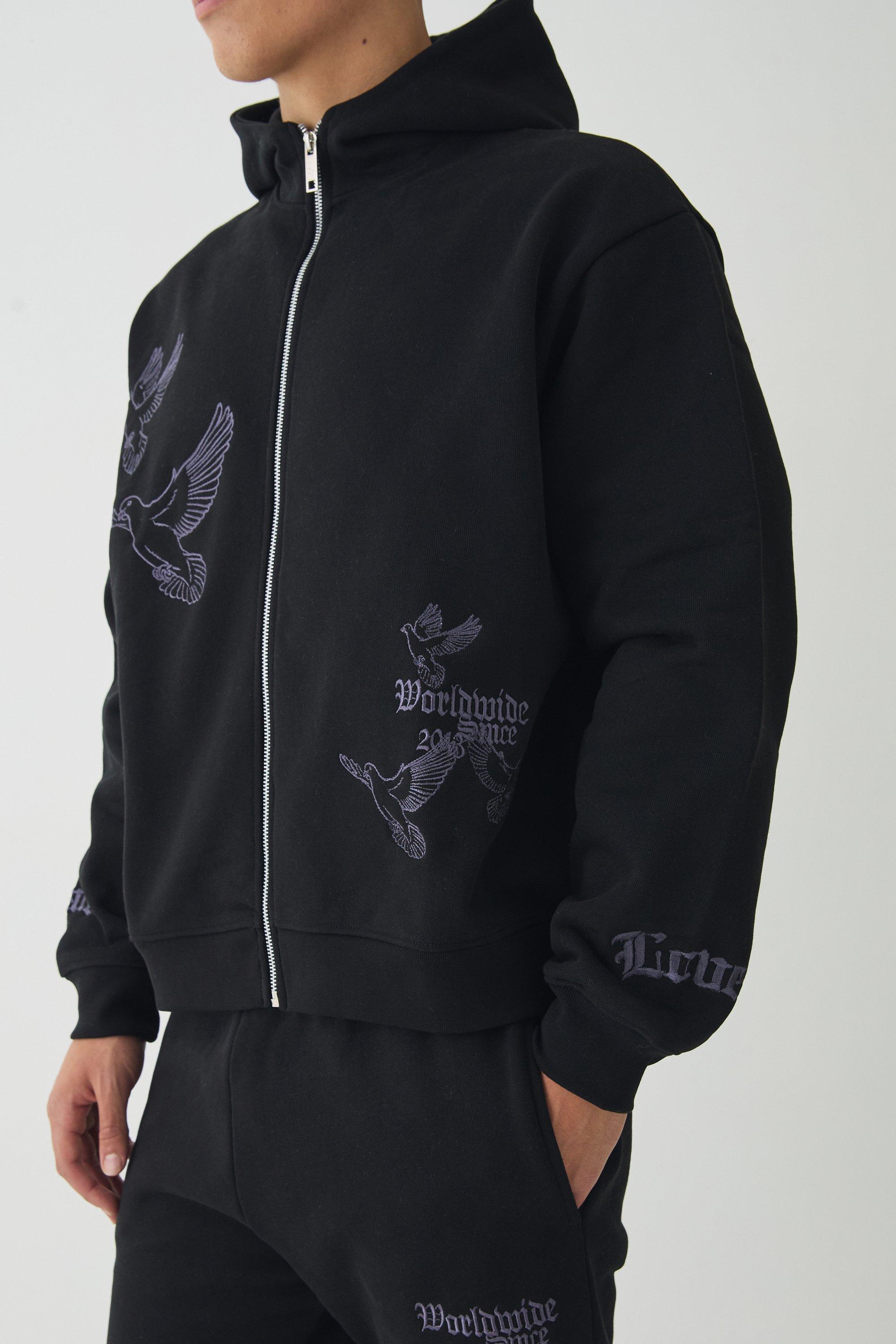 Mens Black Smart Oversized Boxy Embroidered Super Heavyweight Zip Through Loopback Hoodie, Black