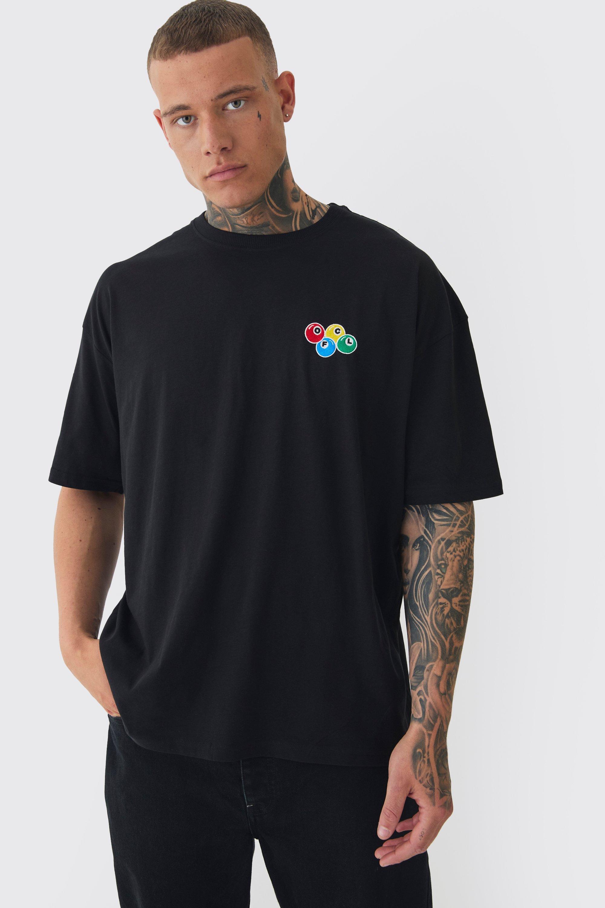 Mens Tall Oversized Tall OFCL 8 Ball Embroidered T-shirt In Black, Black