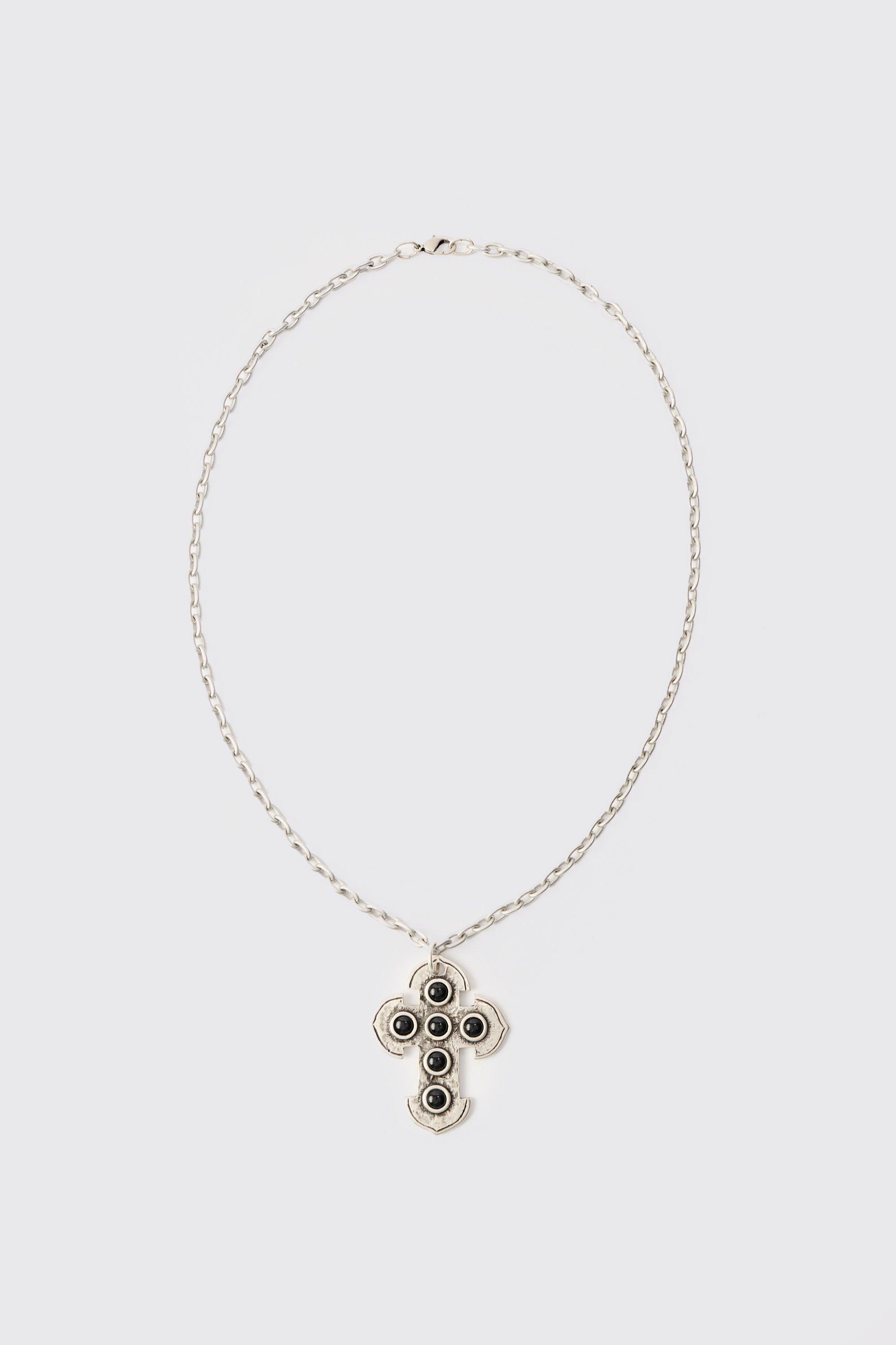 Mens Grey Cross Gem Pendant Necklace In Silver, Grey