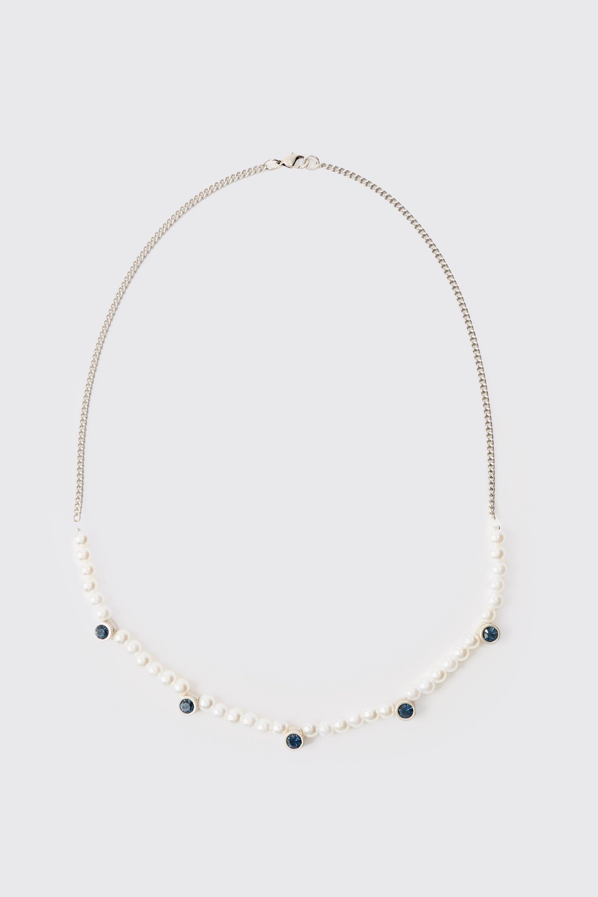 Mens White Pearl And Gem Necklace, White