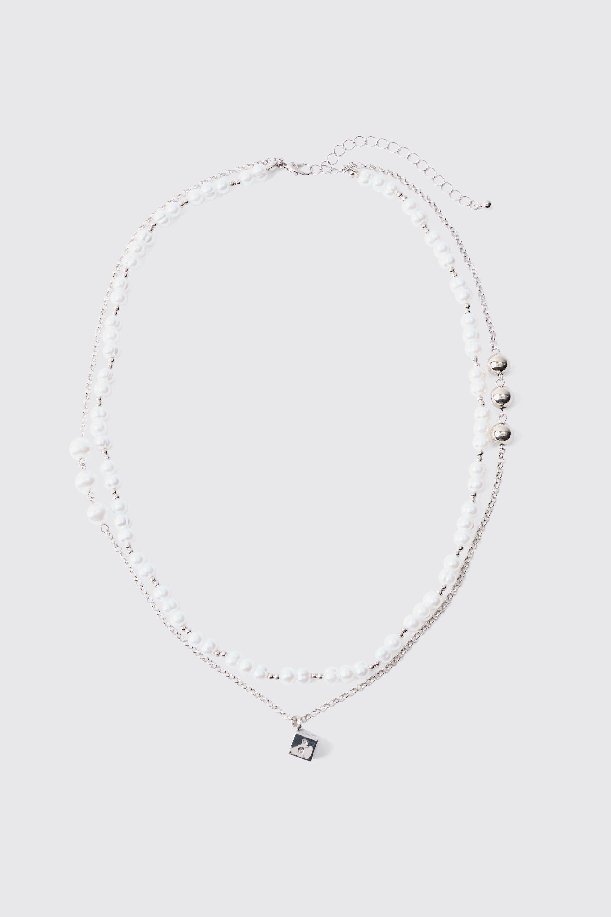 Womens Pearl Chain And Dice Pendant Multi Layer Necklace - Grey - One Size, Grey