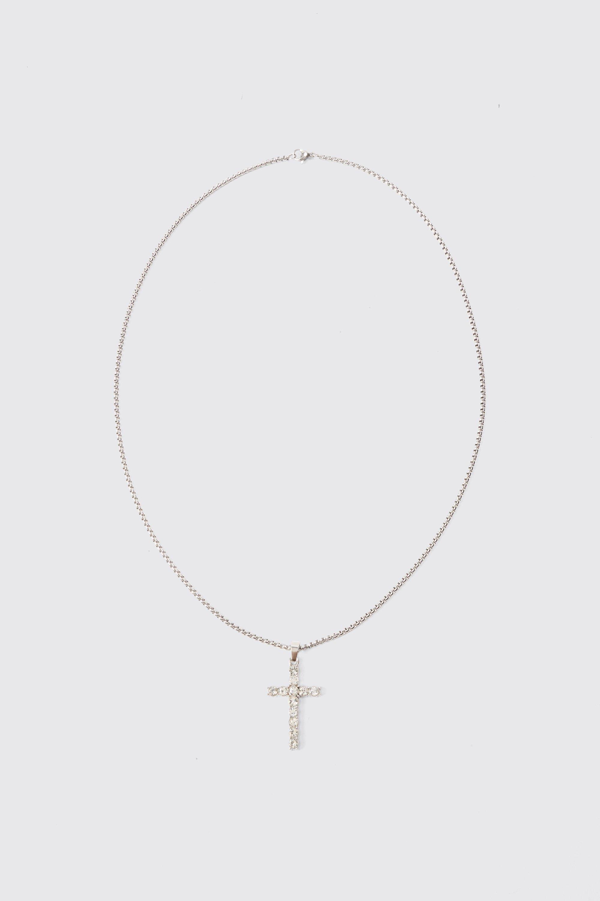 Mens Grey Iced Cross Pendant Necklace, Grey