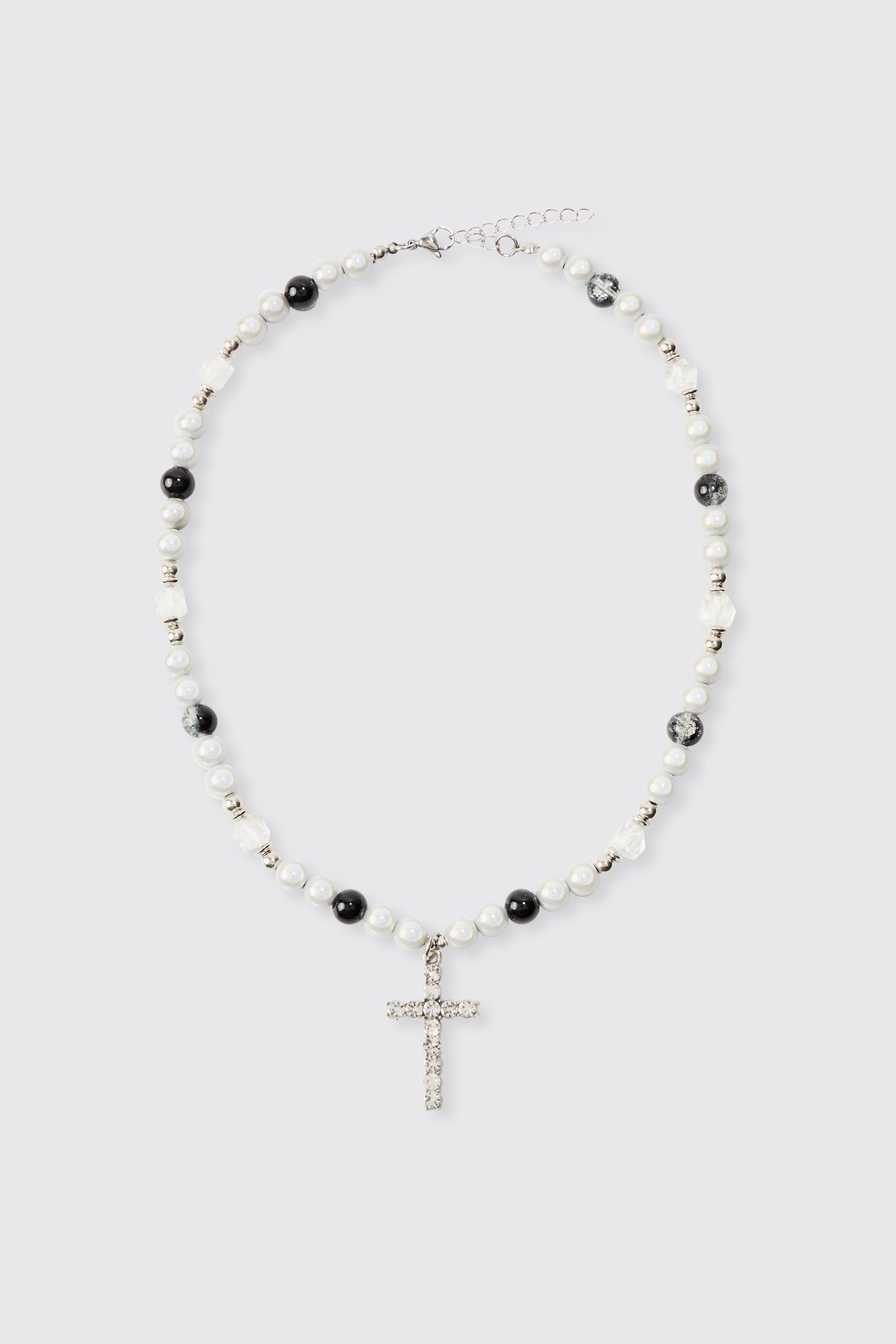 Mens Grey Pearl Cross Pendant Necklace, Grey