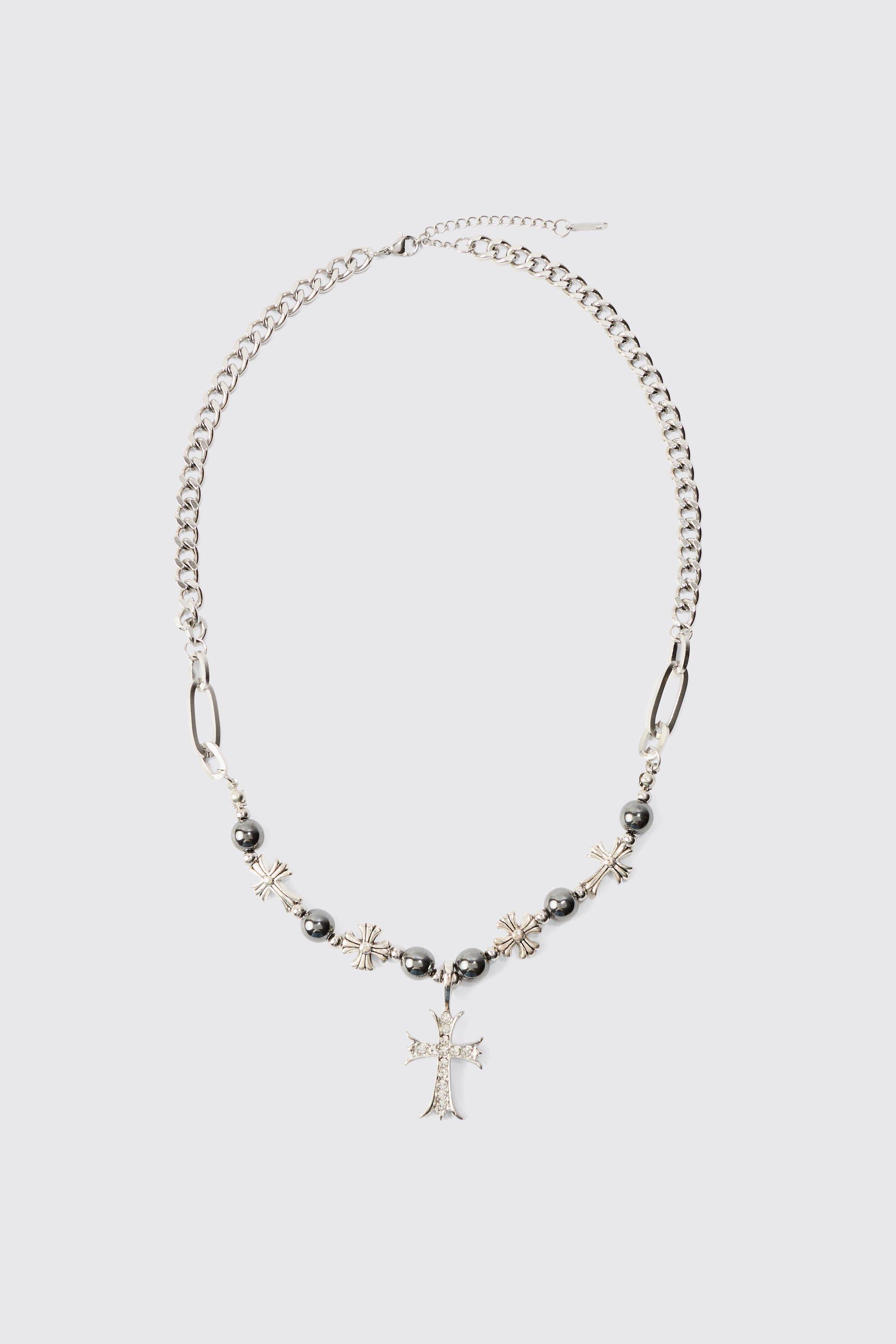 Mens Grey Iced Cross Pendant Pearl Necklace, Grey