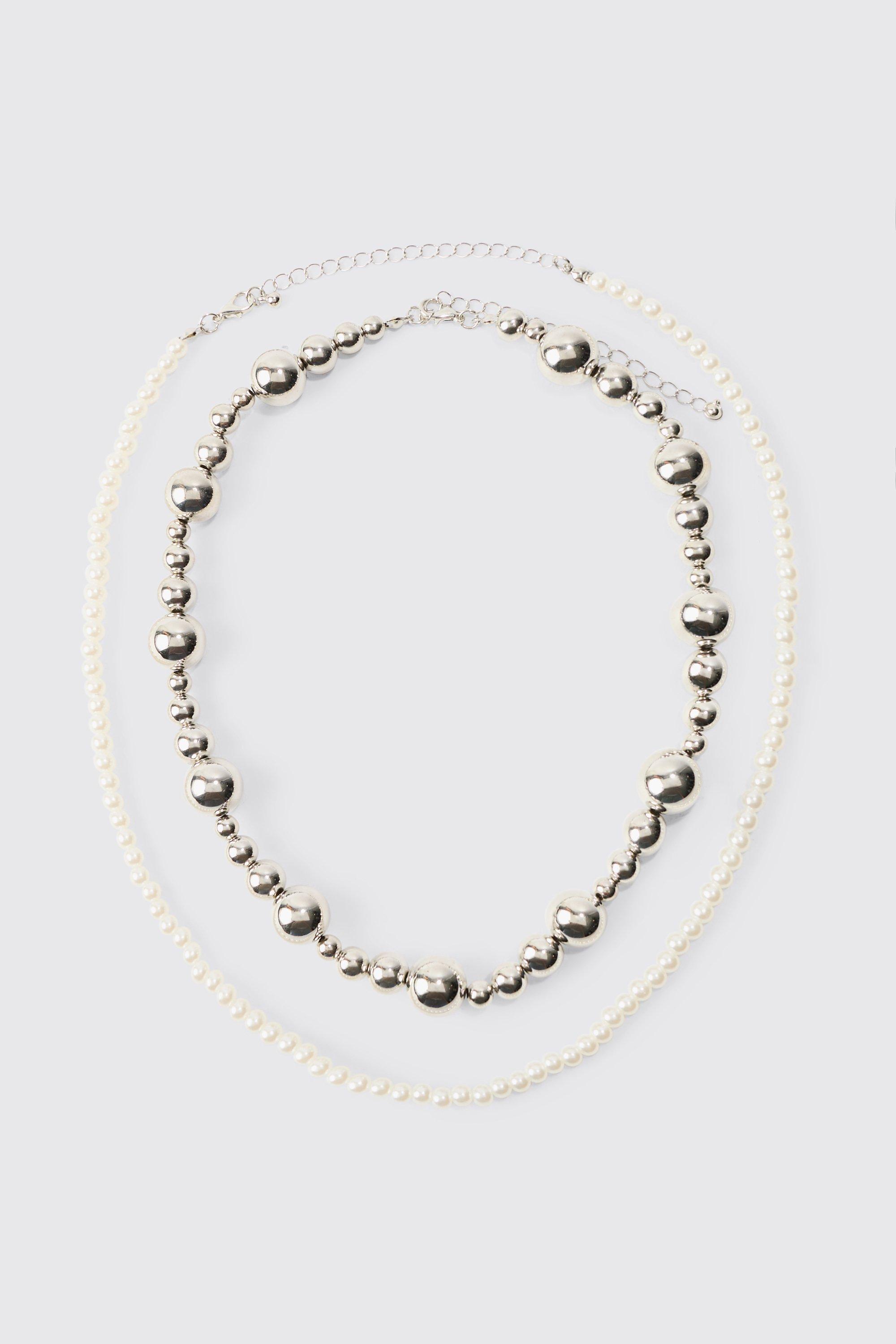 Mens Grey Pearl And Metal Bead Multi Layer Necklace, Grey