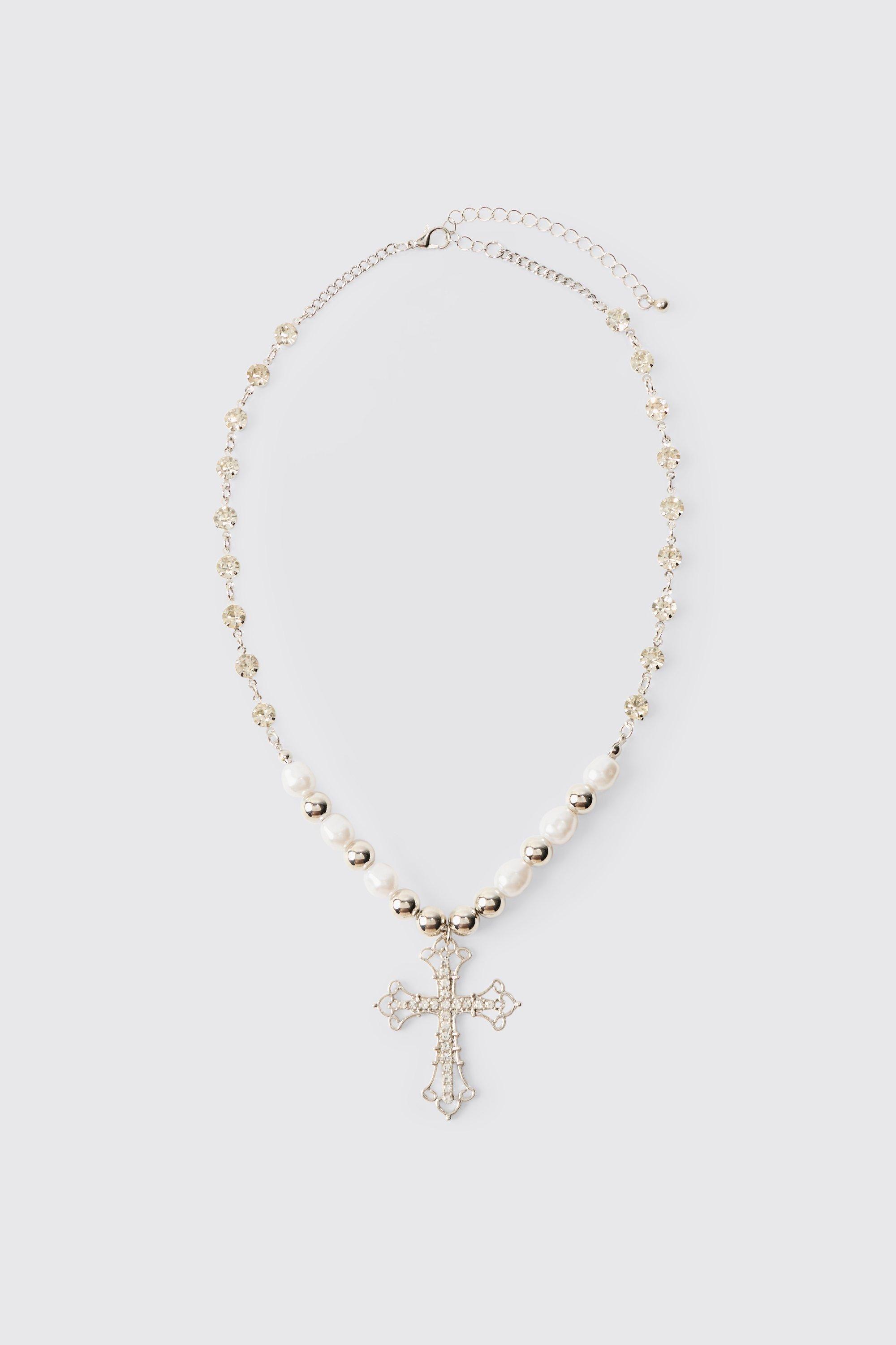 Collana di perle con pendente a croce e perle di metallo, Grigio