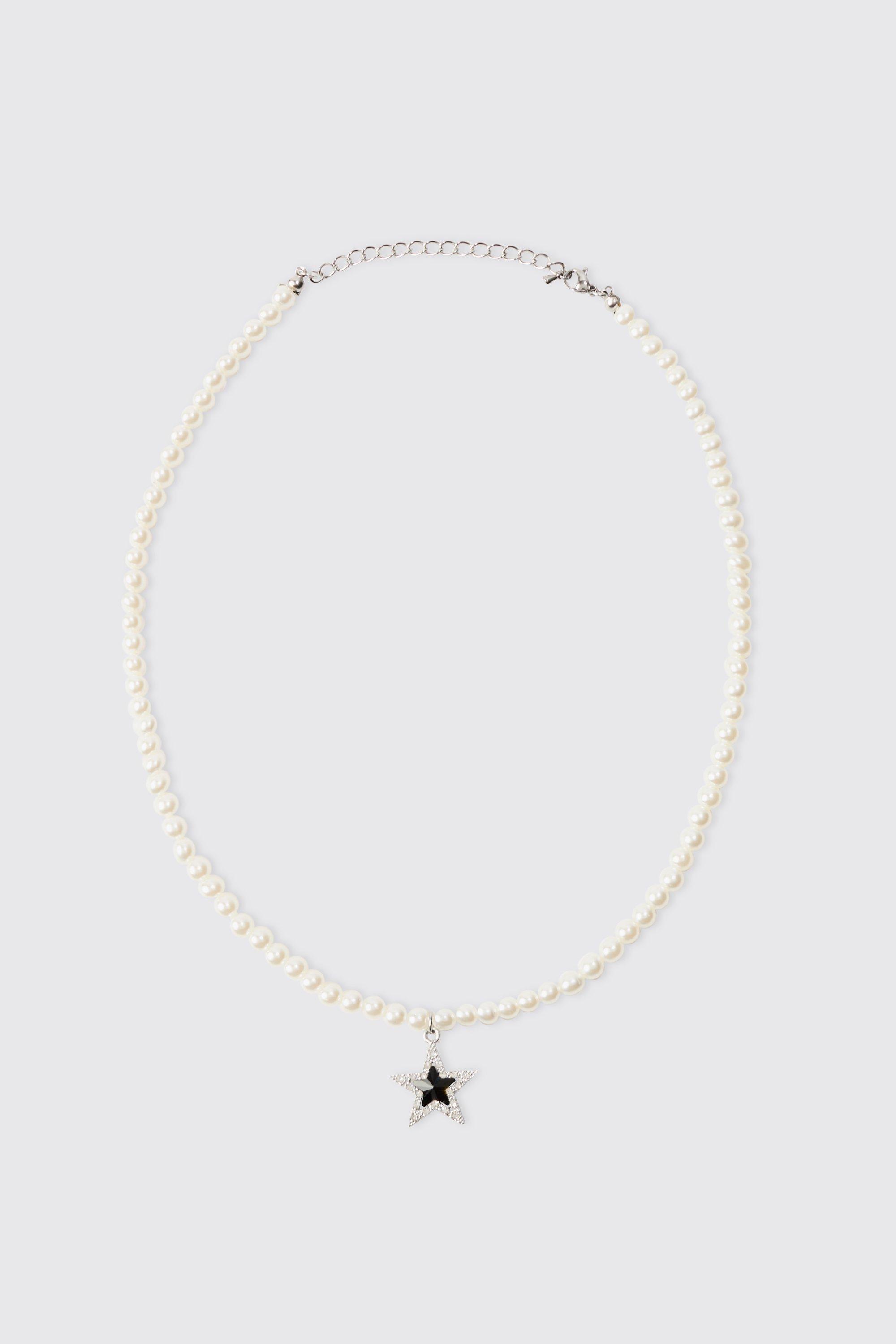 Mens Grey Star Pendant Pearl Necklace, Grey