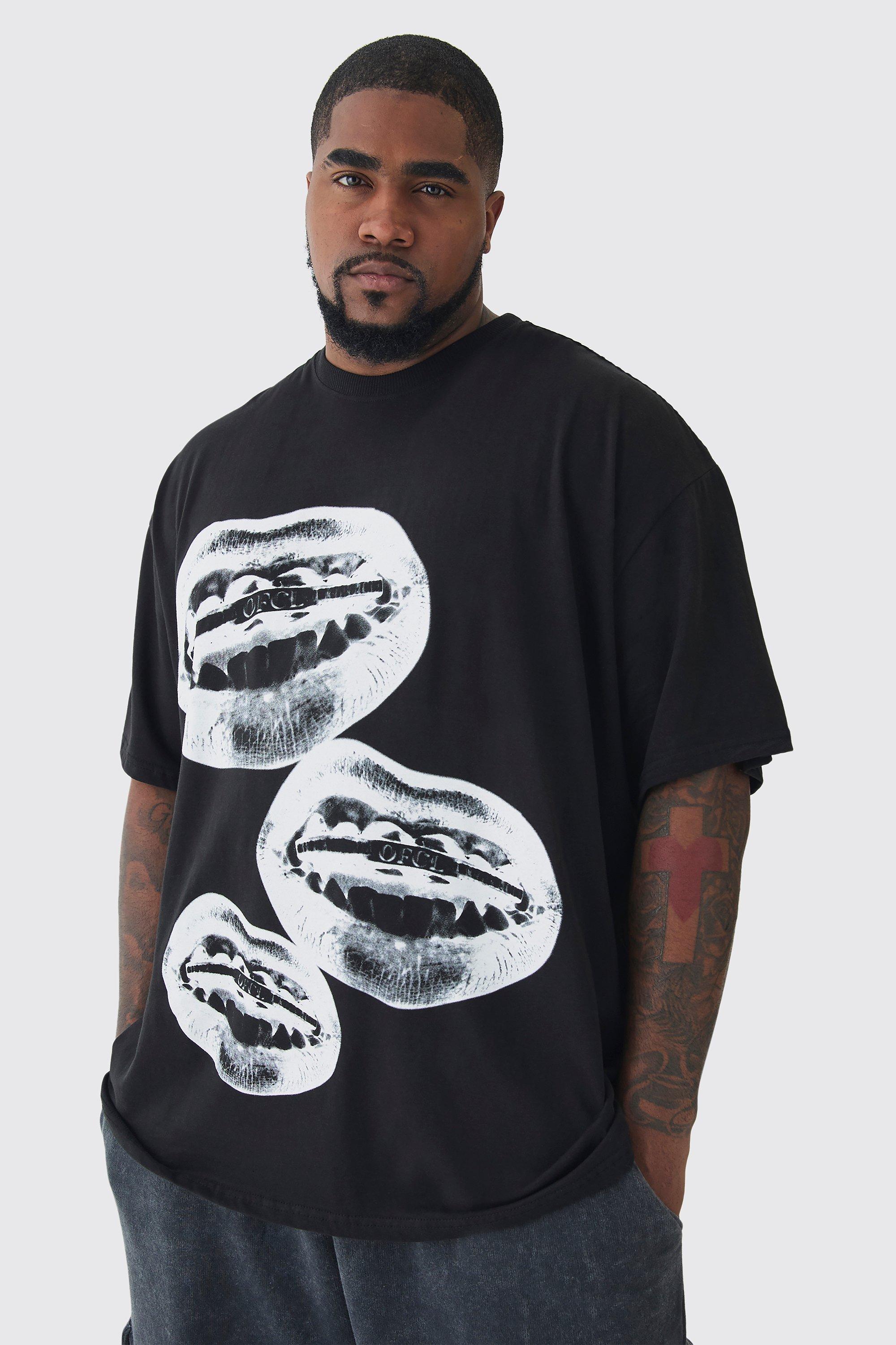 T-shirt Plus Size nera con stampa Ofcl Lips, Nero