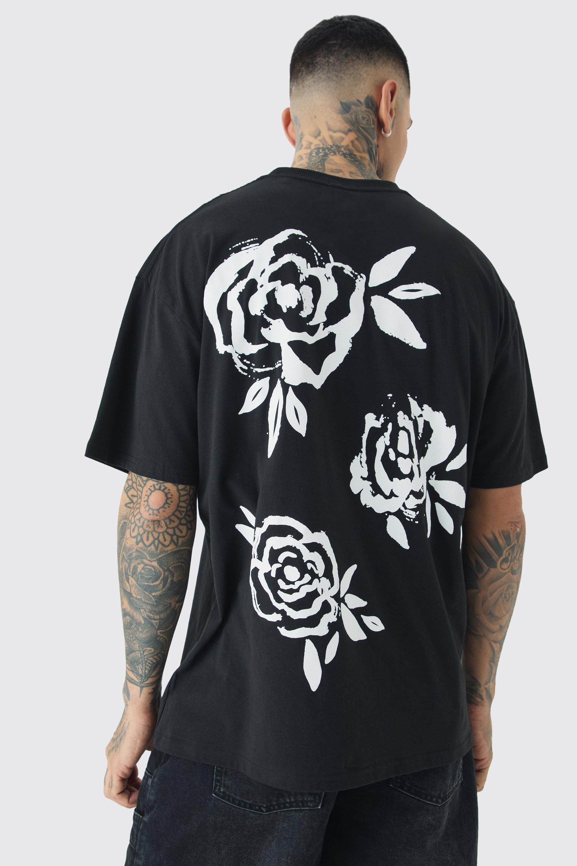 Mens Tall Mono Rose Floral Back Print T-shirt In Black, Black