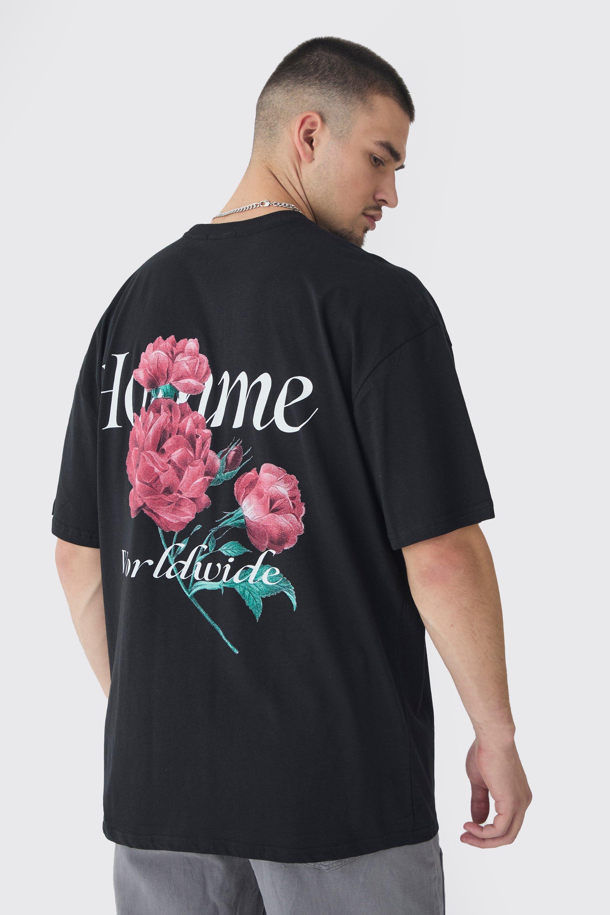 Mens Tall Homme Floral Printed T-shirt In Black, Black