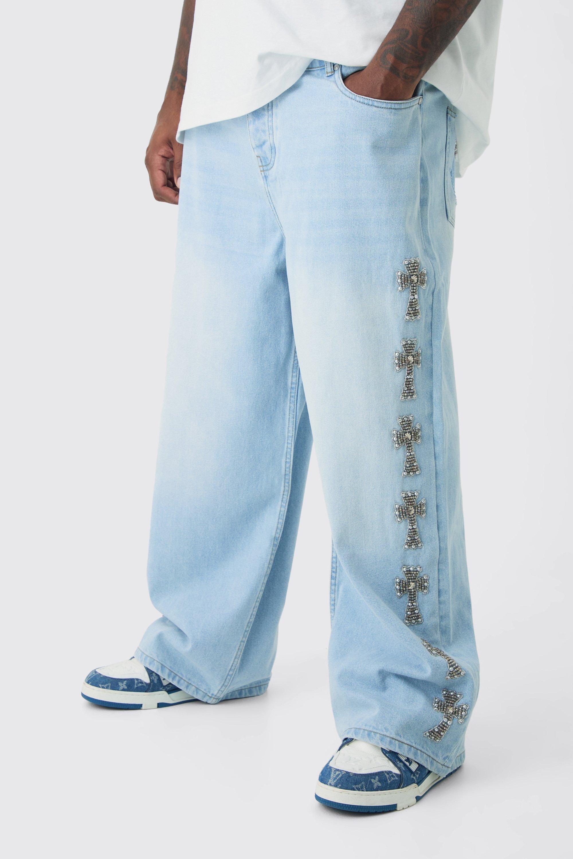 Image of Jeans Plus Size extra comodi in denim rigido decorato, Azzurro
