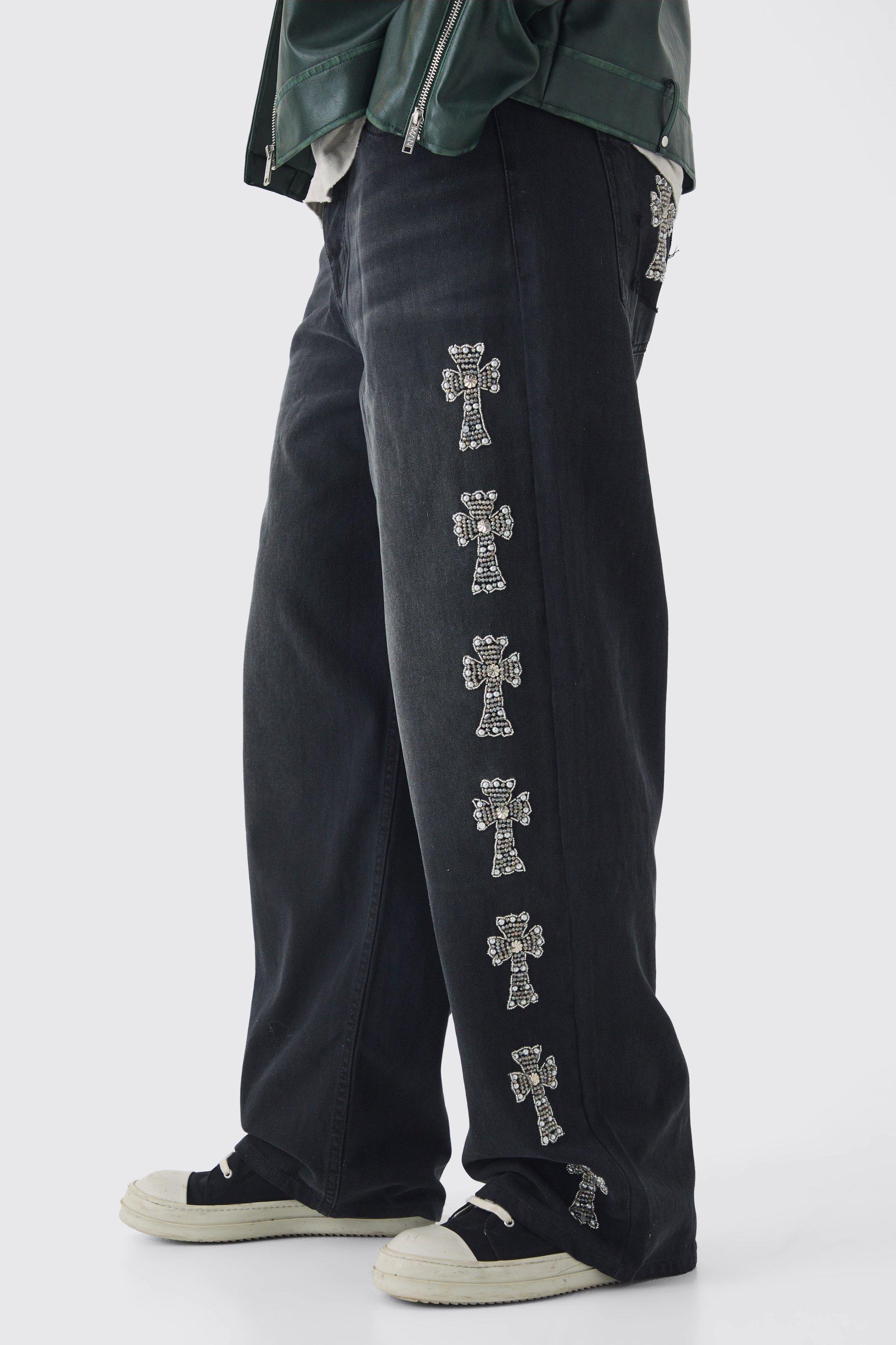 Jeans Tall extra comodi in denim rigido decorato, Nero