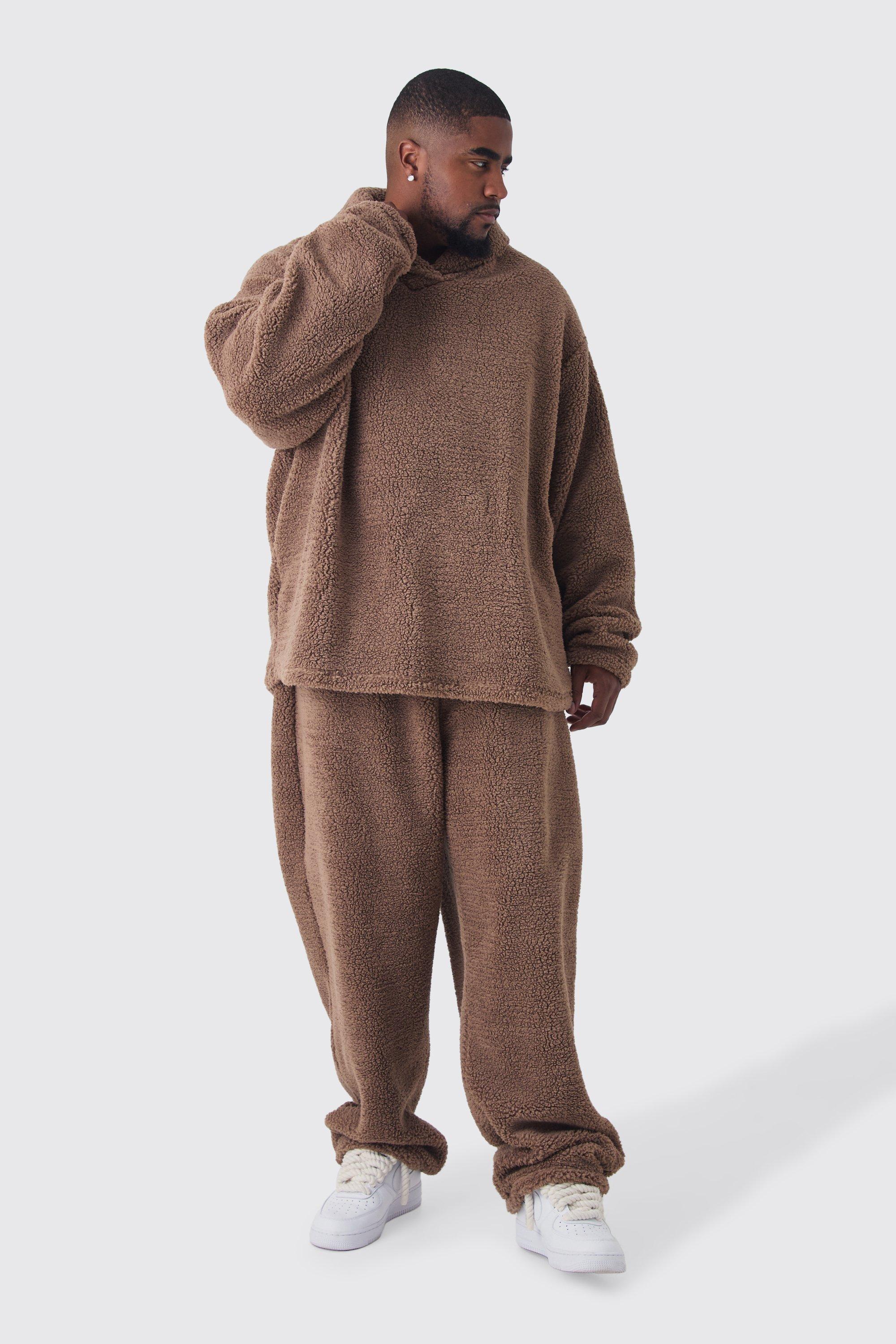 Mens Plus Fluffy V Neck Sweatshirt & Jogger Lounge Set In Brown, Brown