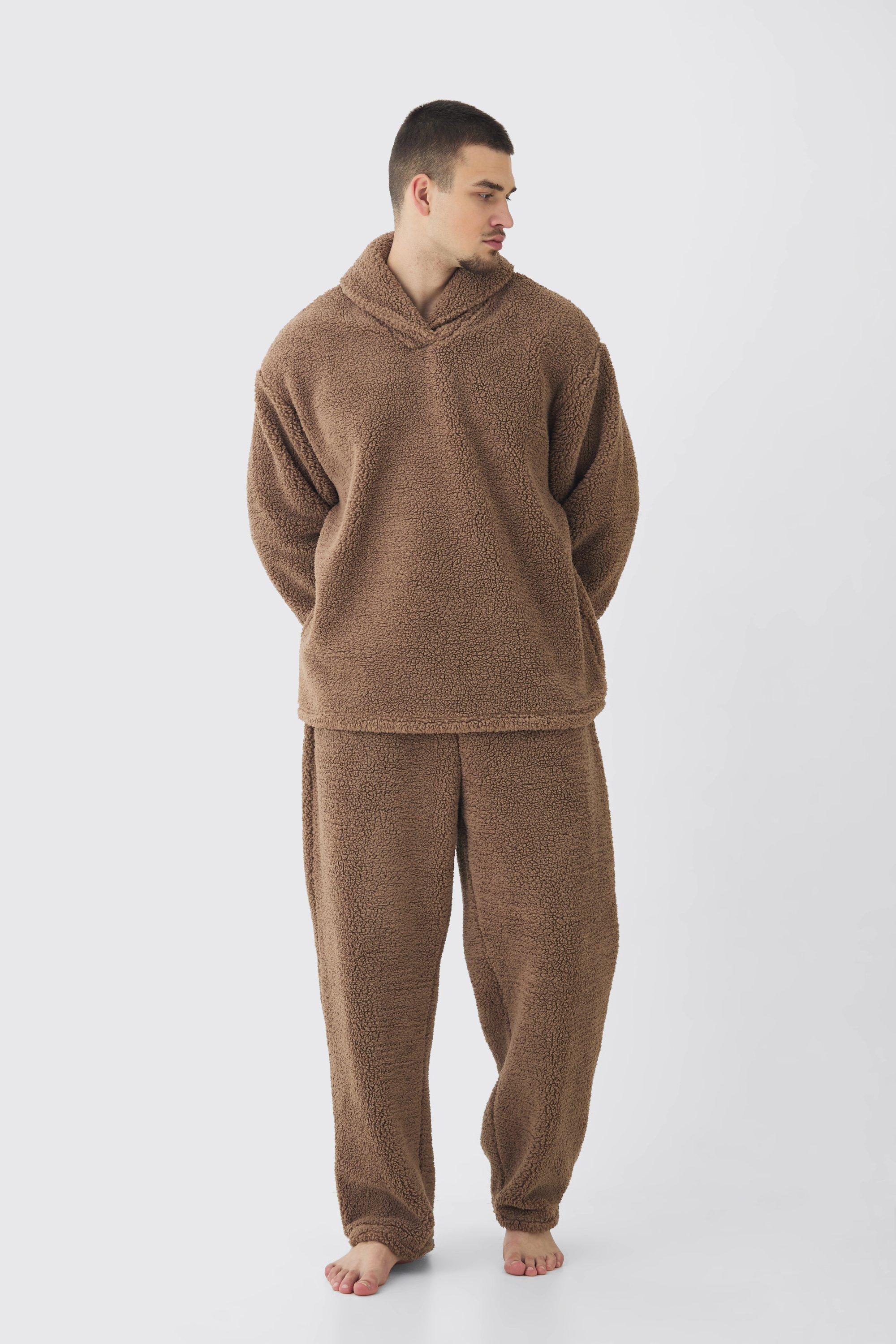 Mens Tall Fluffy V Neck Sweatshirt & Jogger Lounge Set In Brown, Brown