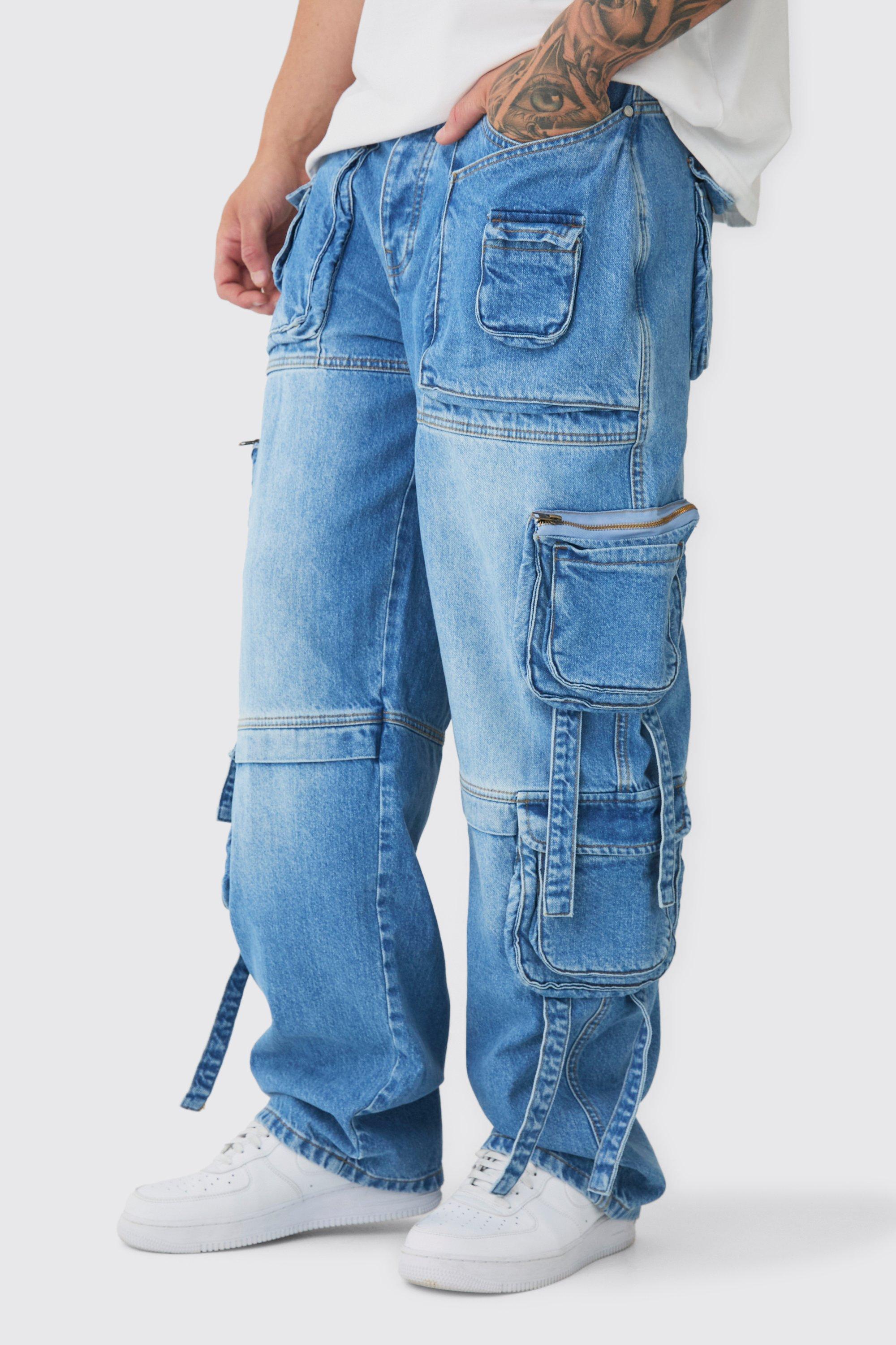 Boohoo Tall Onbewerkte Baggy Cargo Jeans Met Zakken En Bandjes, Light Blue