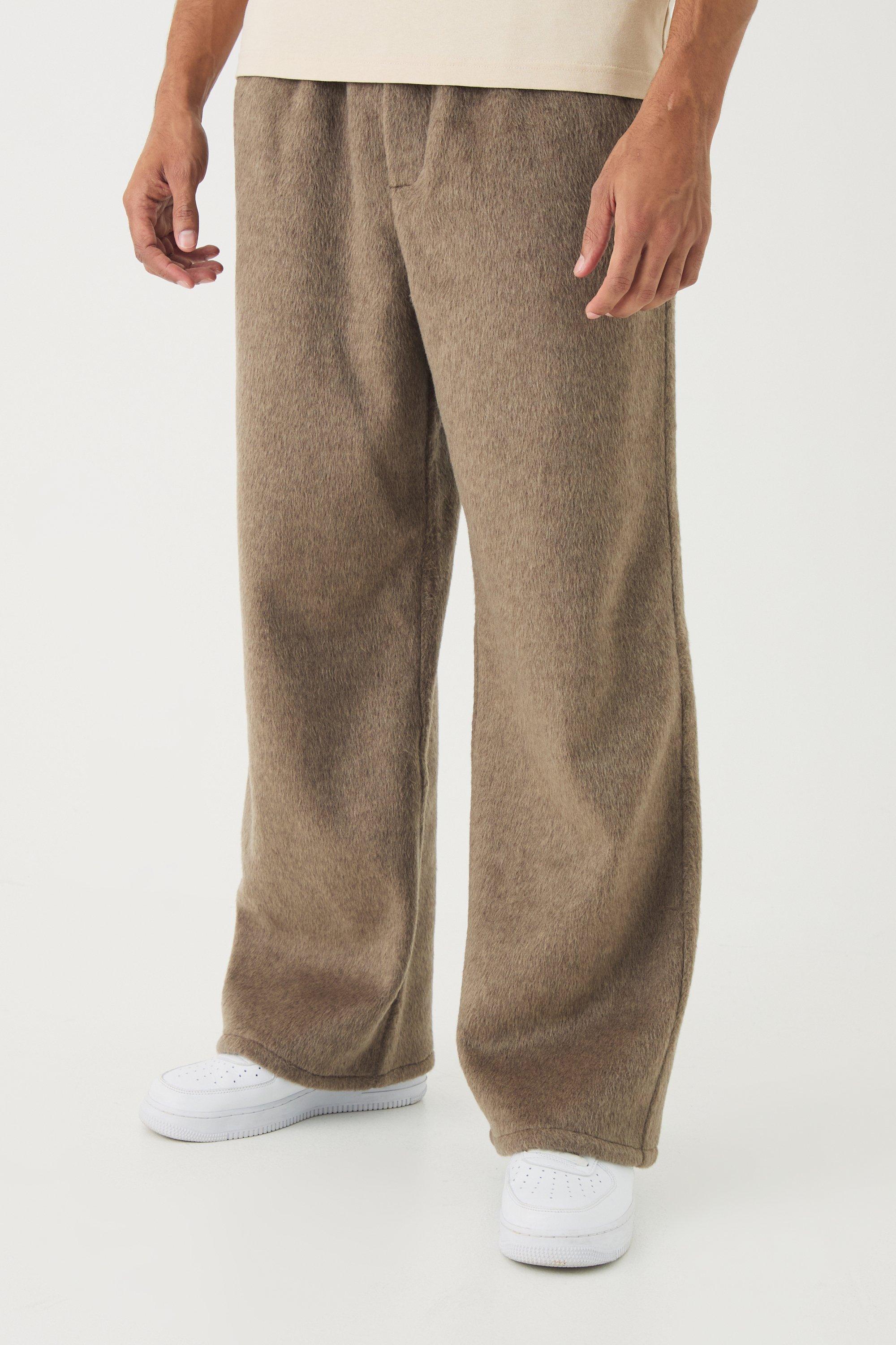 Mens Brown Elasticated Wide Leg Brushed Melton Trousers, Brown