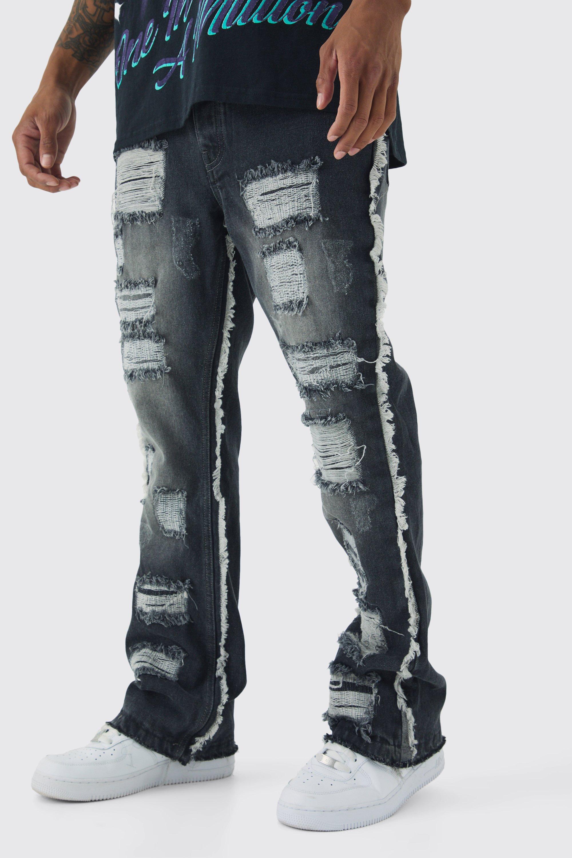 Mens Grey Slim Flared All Over Ripped Jeans With Let Down Hem, Grey