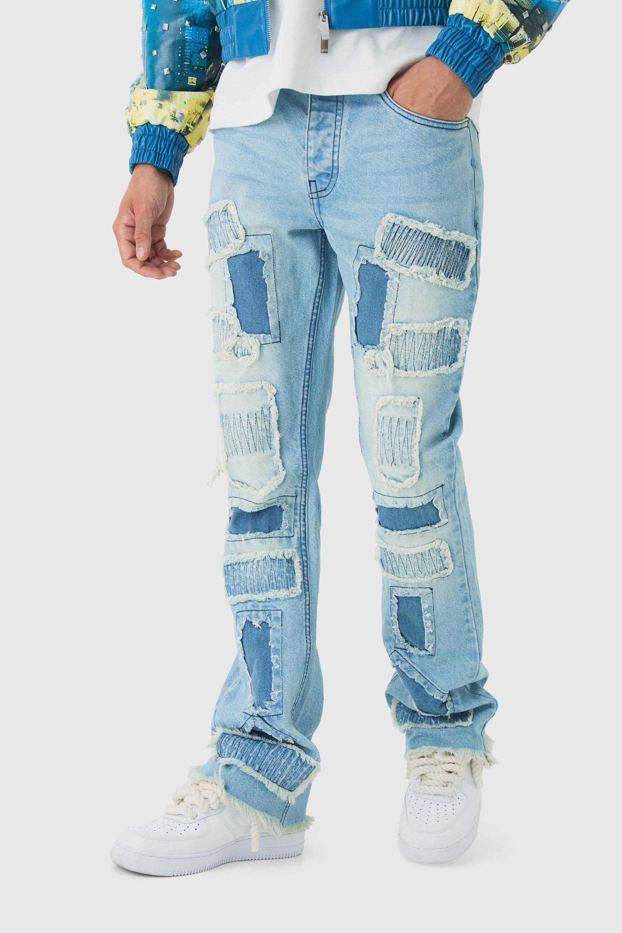 Jeans a zampa Slim Fit con strappi & rattoppi e pieghe sul fondo, Azzurro