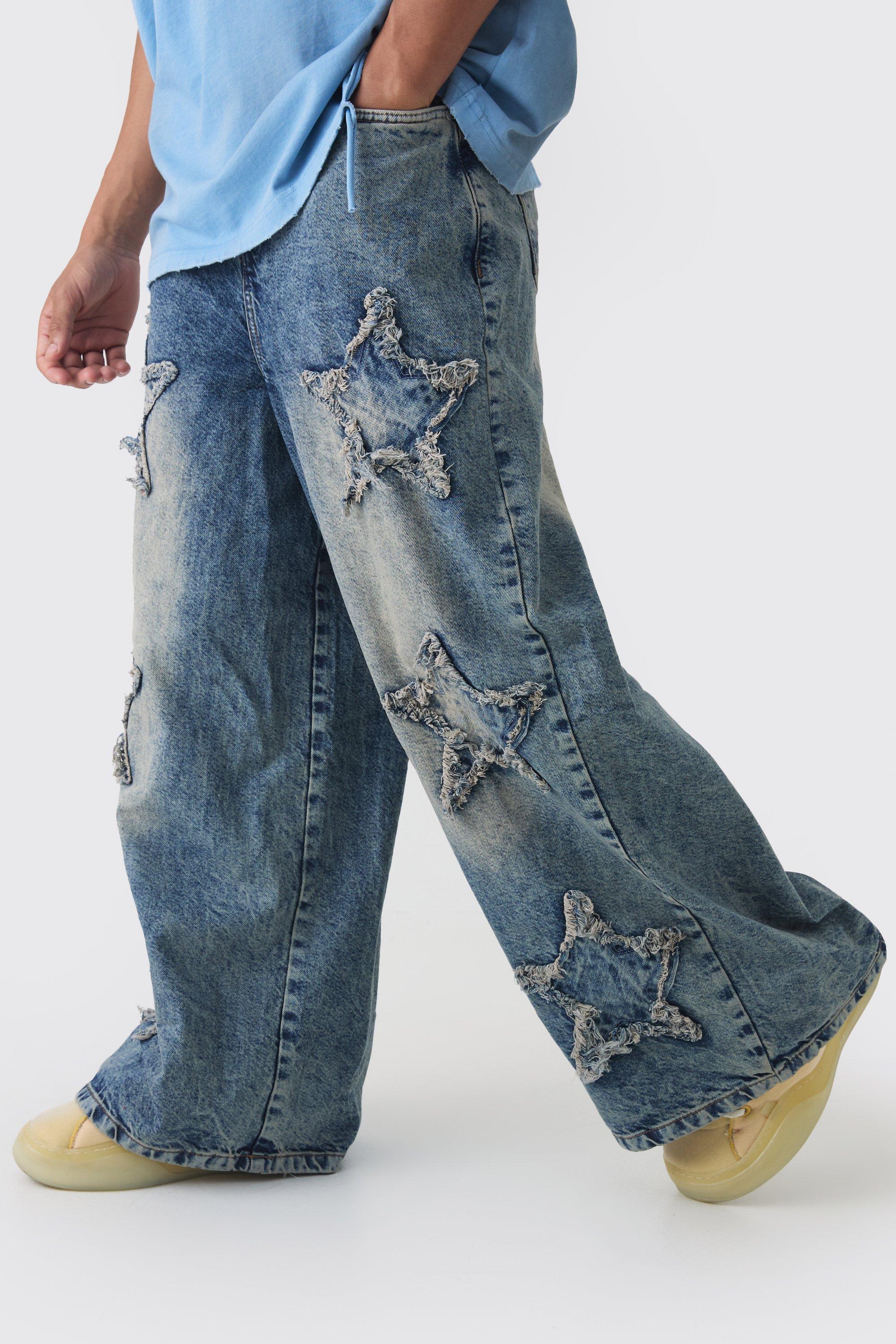 Mens Blue Wide Leg Rigid Star Distressed Applique Jeans, Blue