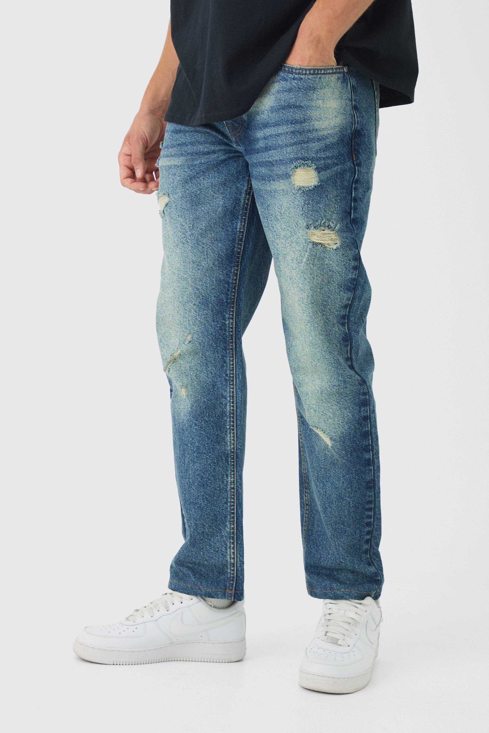 Jeans dritti in denim rigido con strappi sottili, Azzurro