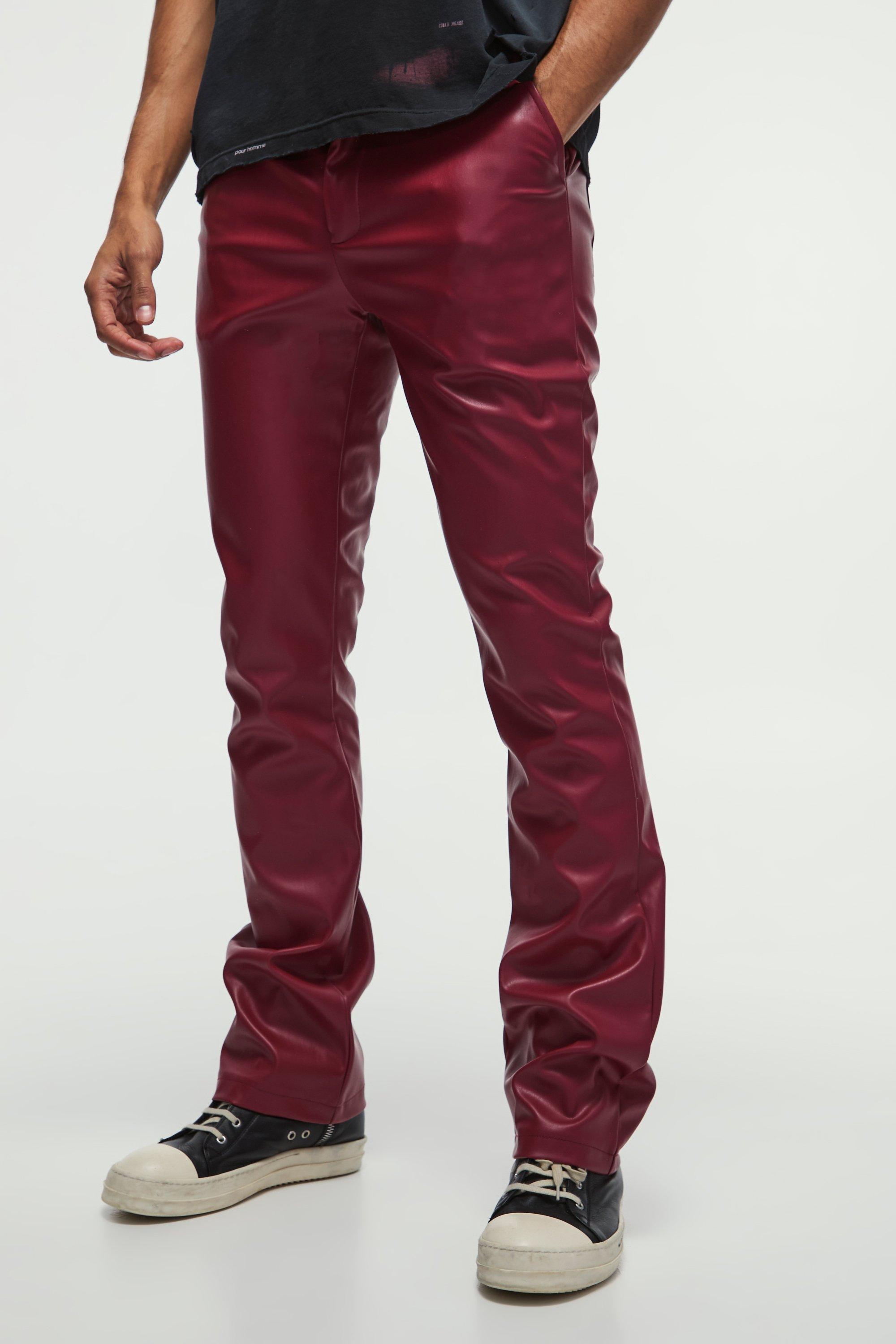 Mens Slim Flared Pu Trousers, Red