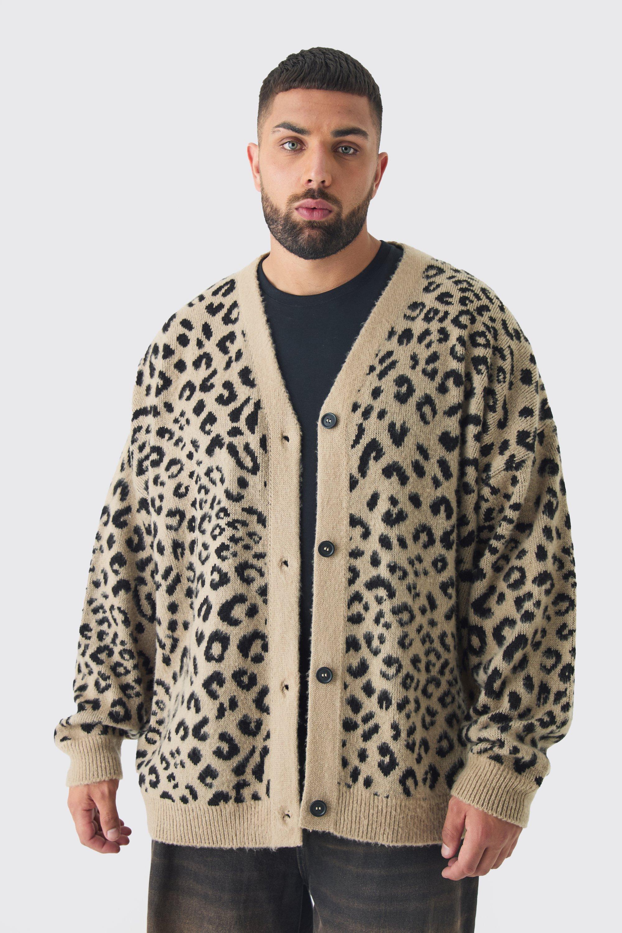 Cardigan Plus Size oversize in maglia spazzolata con stampa leopardata, Beige