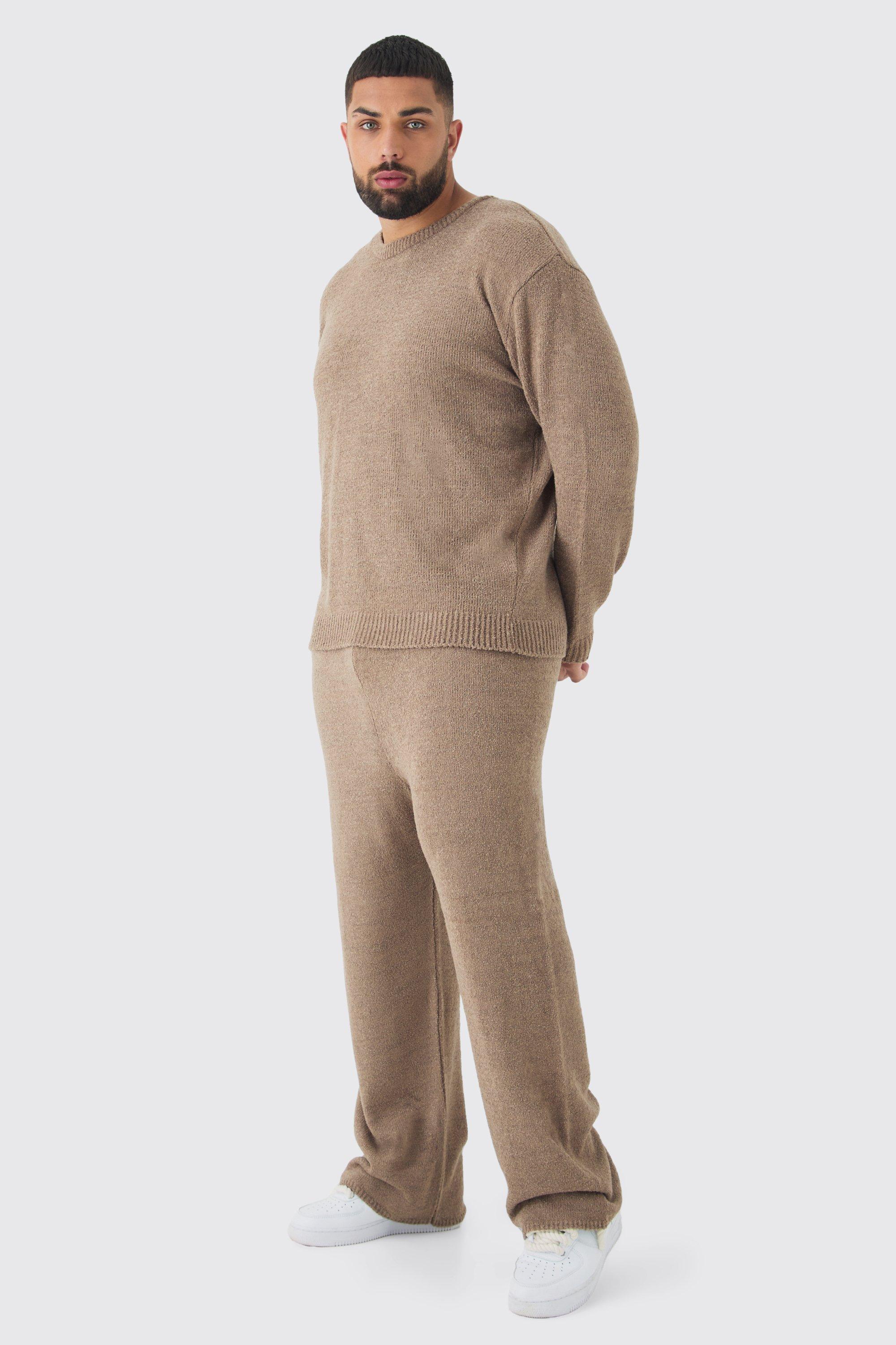 Mens Beige Plus Boucle Knit Oversized Sweat & Trouser Set, Beige