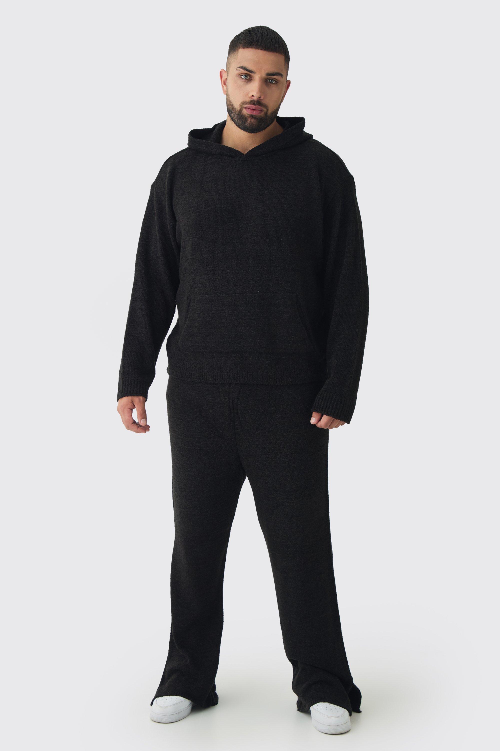 Mens Black Plus Boucle Knit Hoodie & Trouser Set, Black