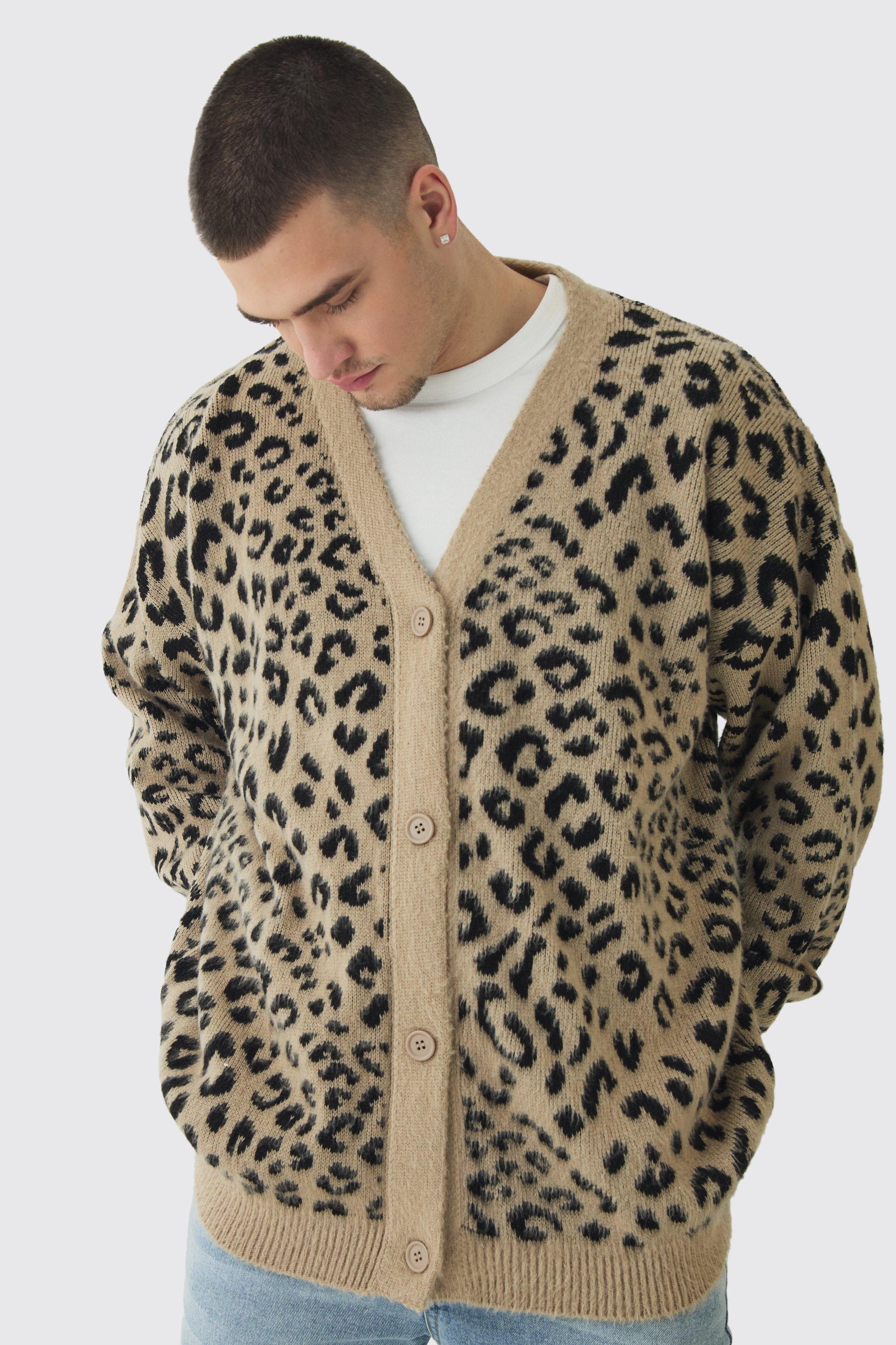 Cardigan Tall oversize in maglia spazzolata con stampa leopardata, Beige