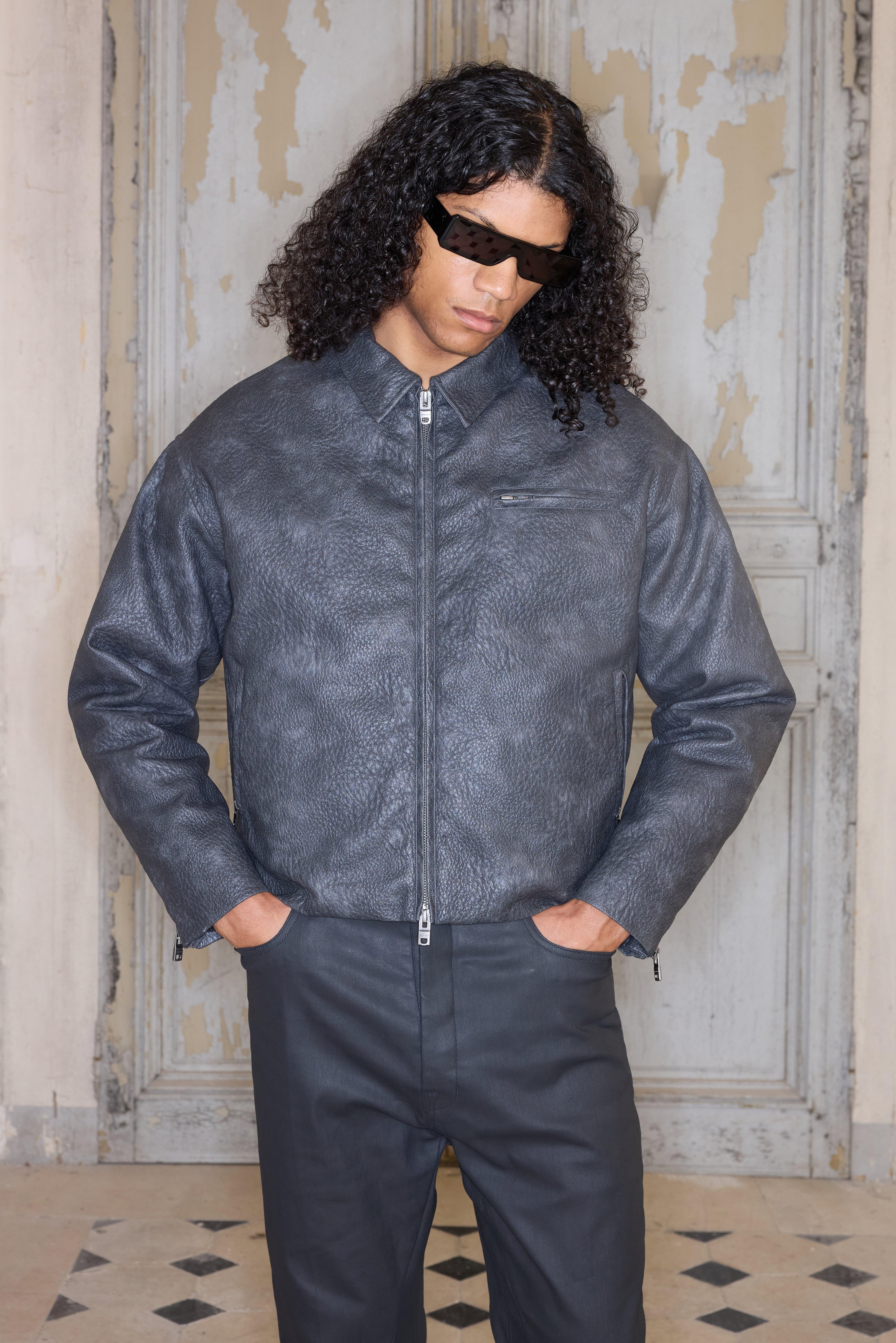 Mens Grey Premium Boxy Fit Faux Leather Harrington Jacket In Charcoal, Grey