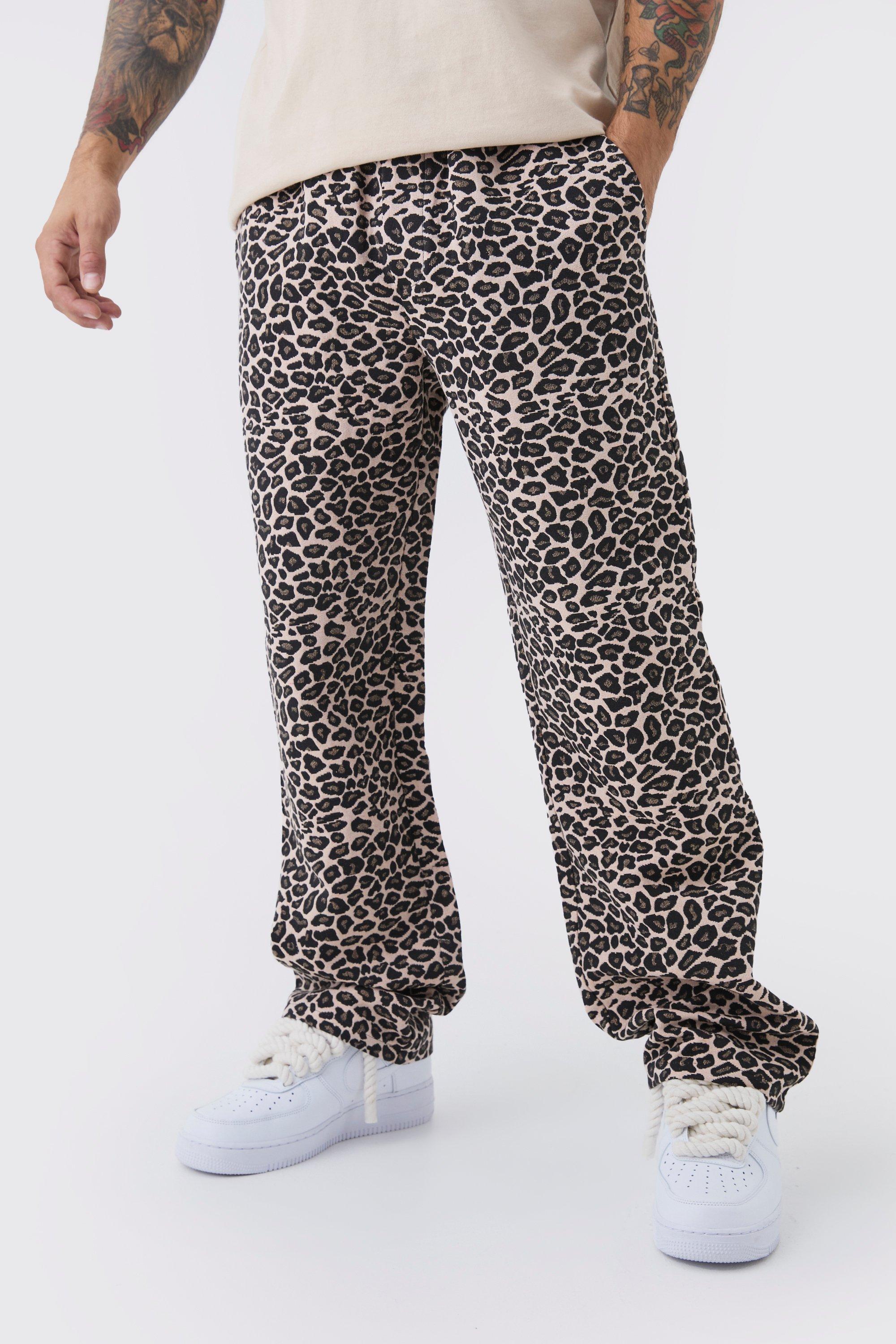 Mens Brown Elasticated Waist Relaxed Heavyweight Tapestry Leopard Trouser, Brown