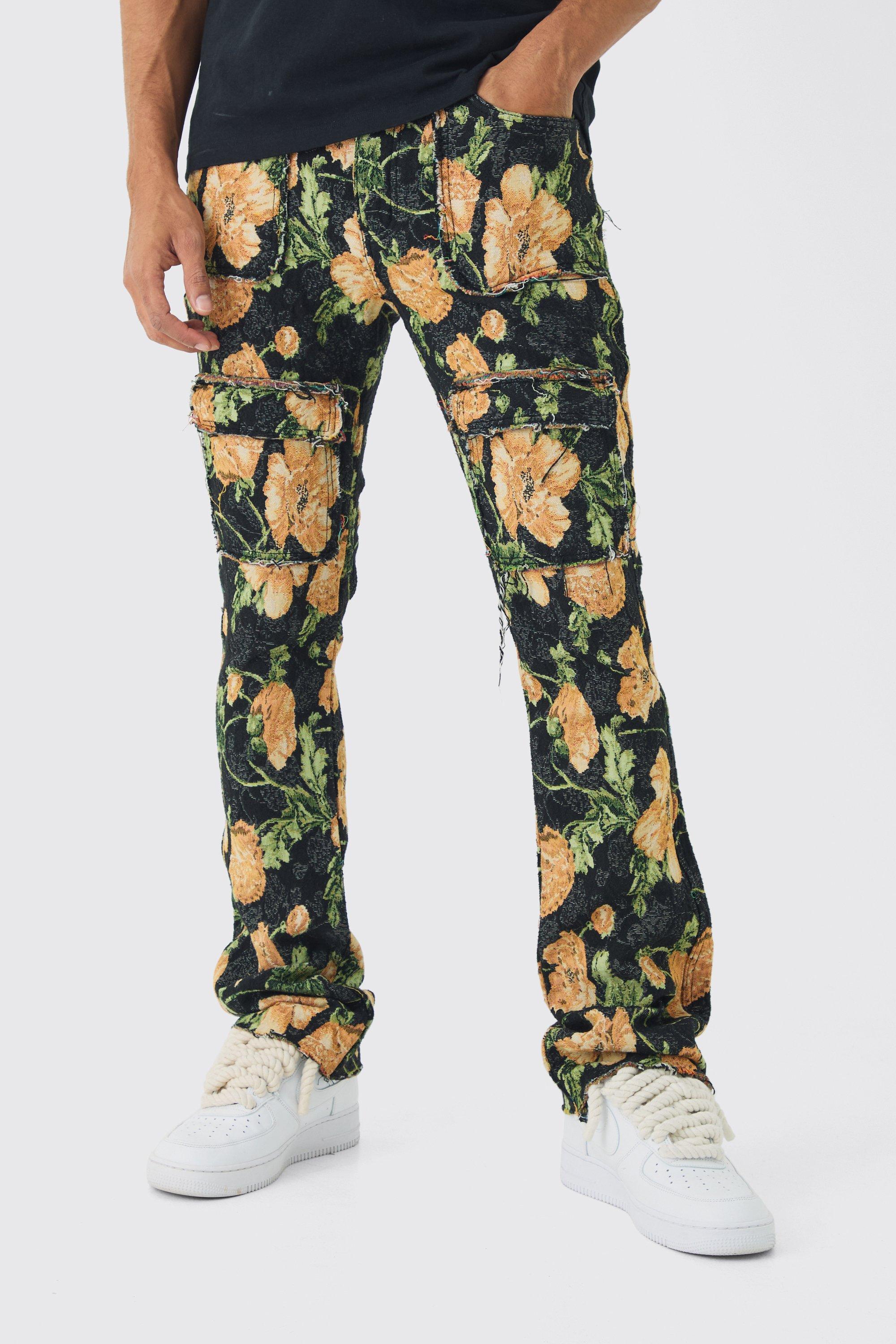 Pantaloni Cargo stile arazzo a fiori con pieghe sul fondo e vita fissa, Nero