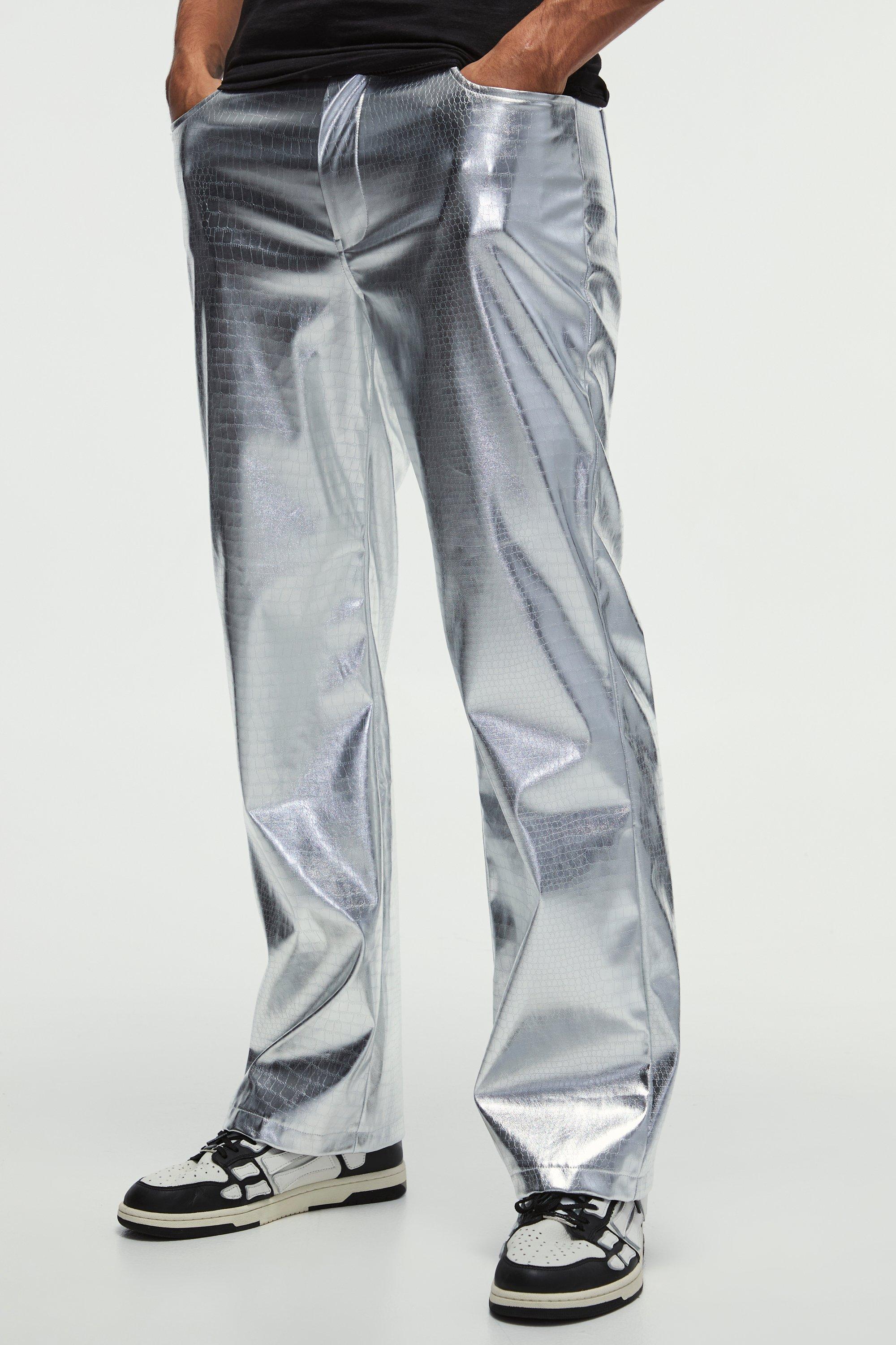 Straight Faux Snake Skin Pu Trousers, Grigio