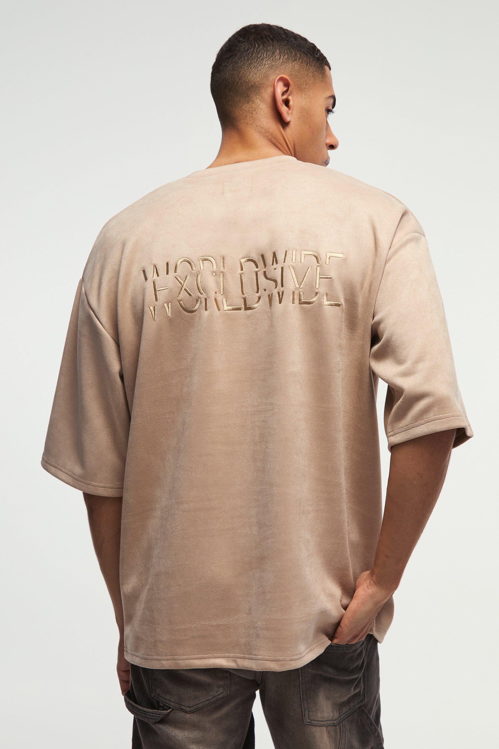 T-shirt oversize con ricami e mezze maniche in scamosciato sintetico, Beige