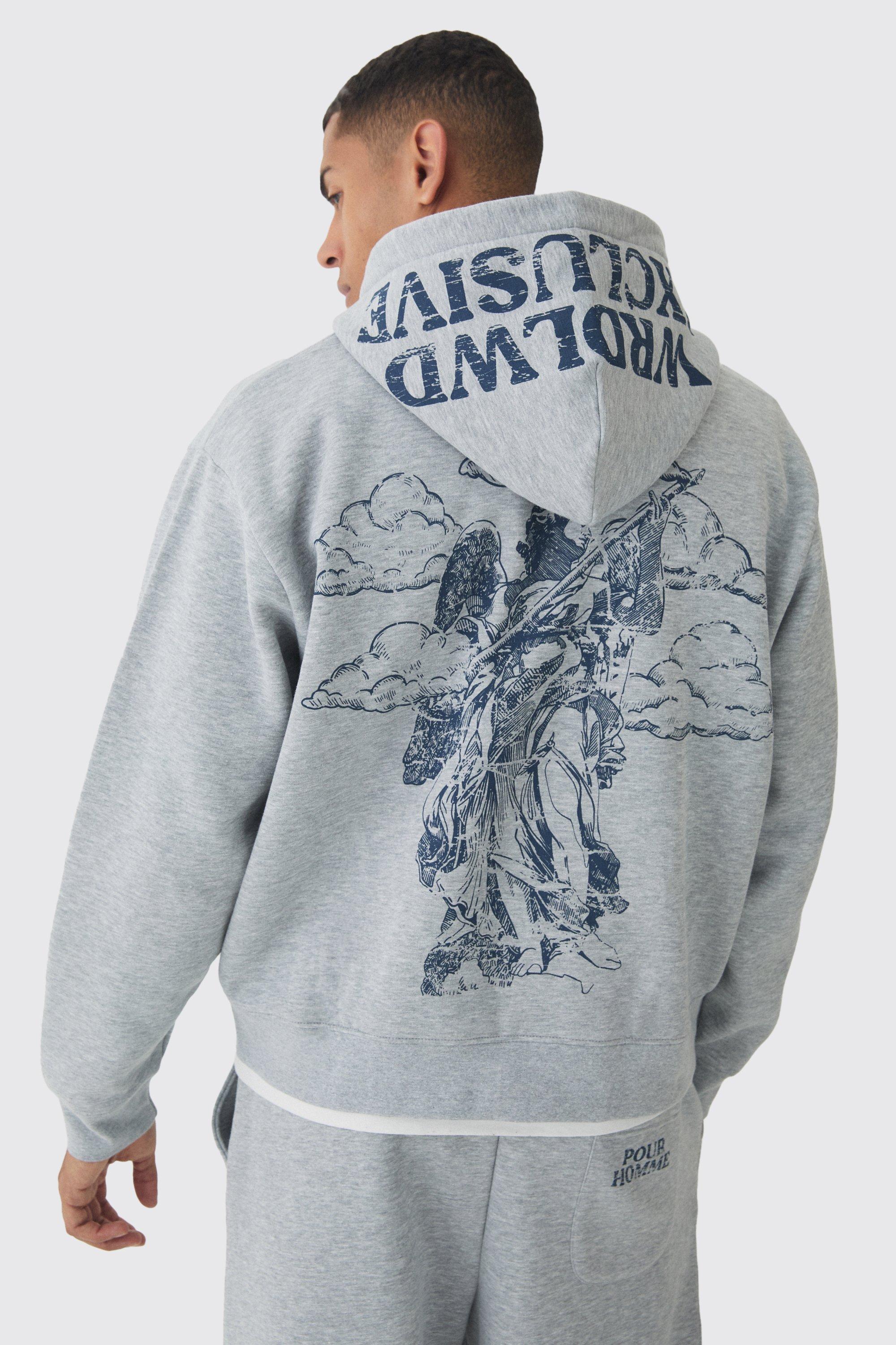 Mens Grey Oversized Boxy Offcl Print Zip Through Hoodie, Grey