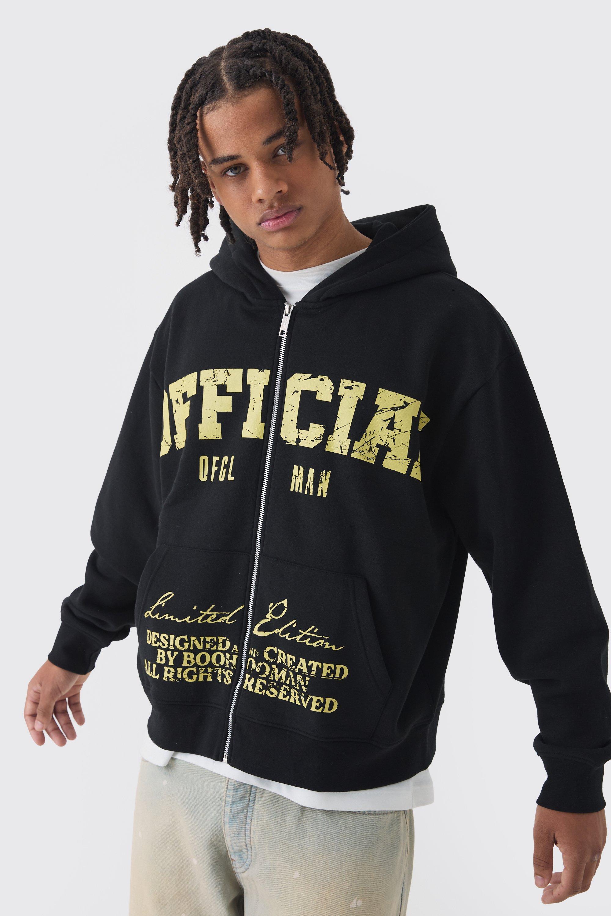 Felpa squadrata oversize con stampa Offcl e cappuccio, Nero