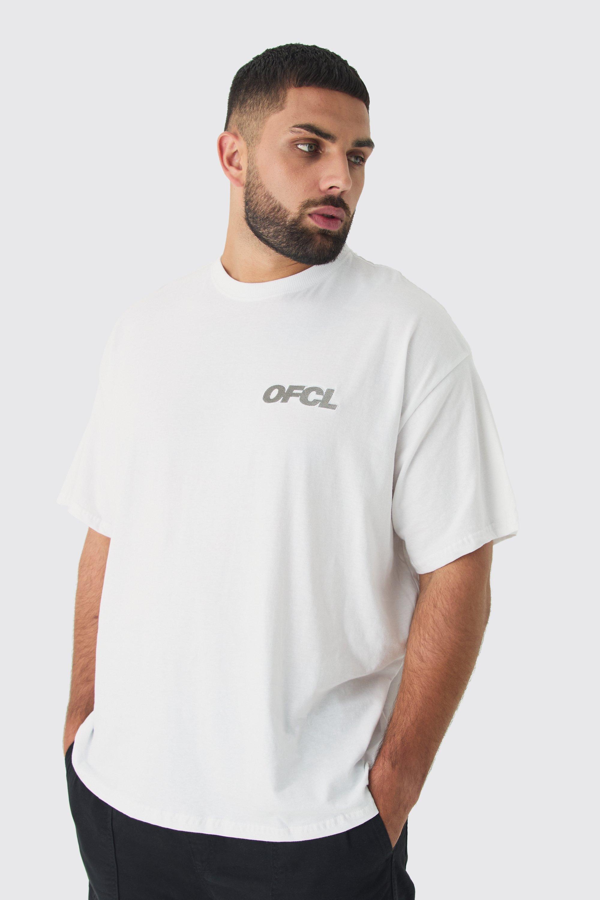 Mens Grey Plus Oversized OFCL Embroidered T-shirt In White, Grey