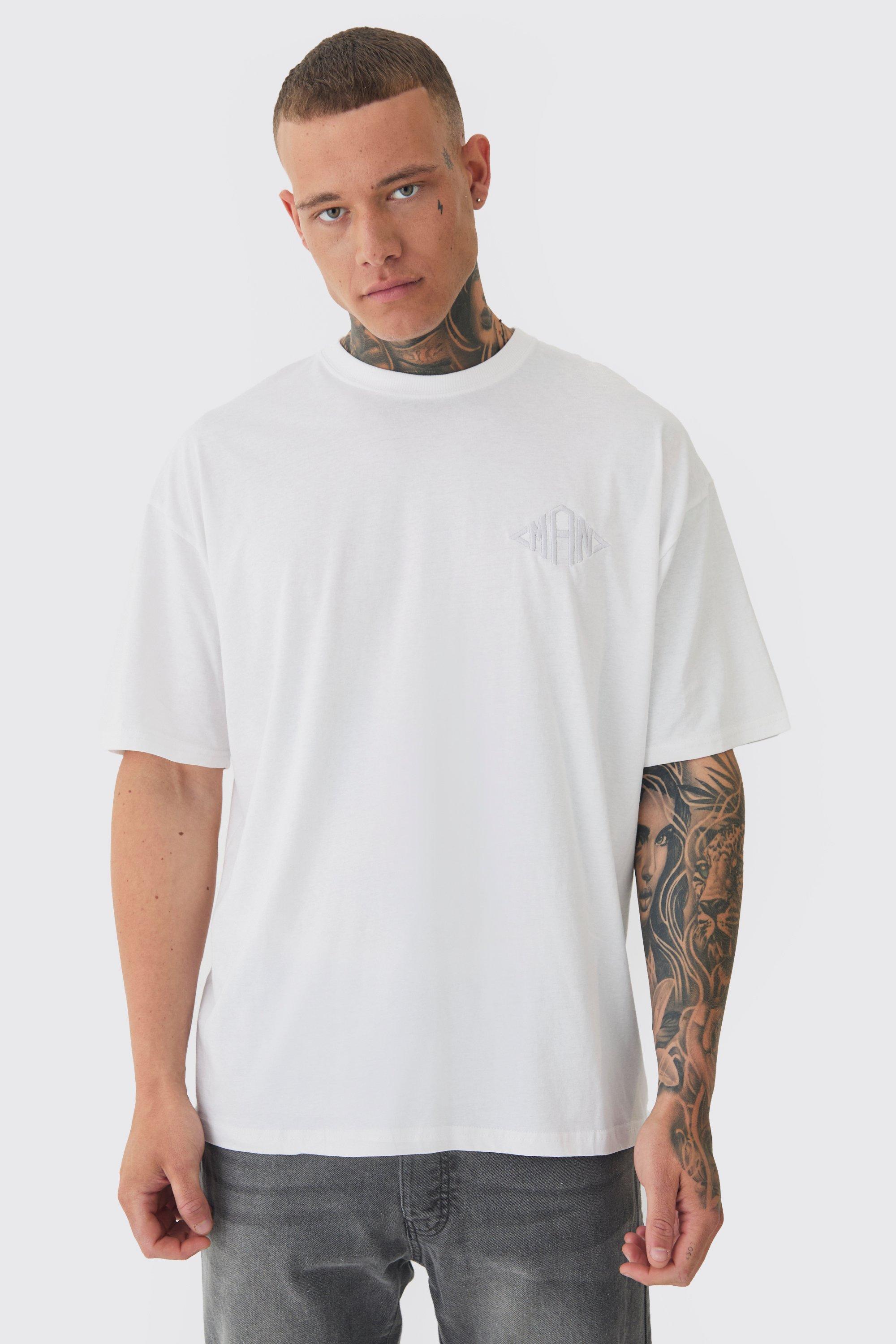 T-shirt Tall oversize Man bianca con ricamo di rombo, Bianco