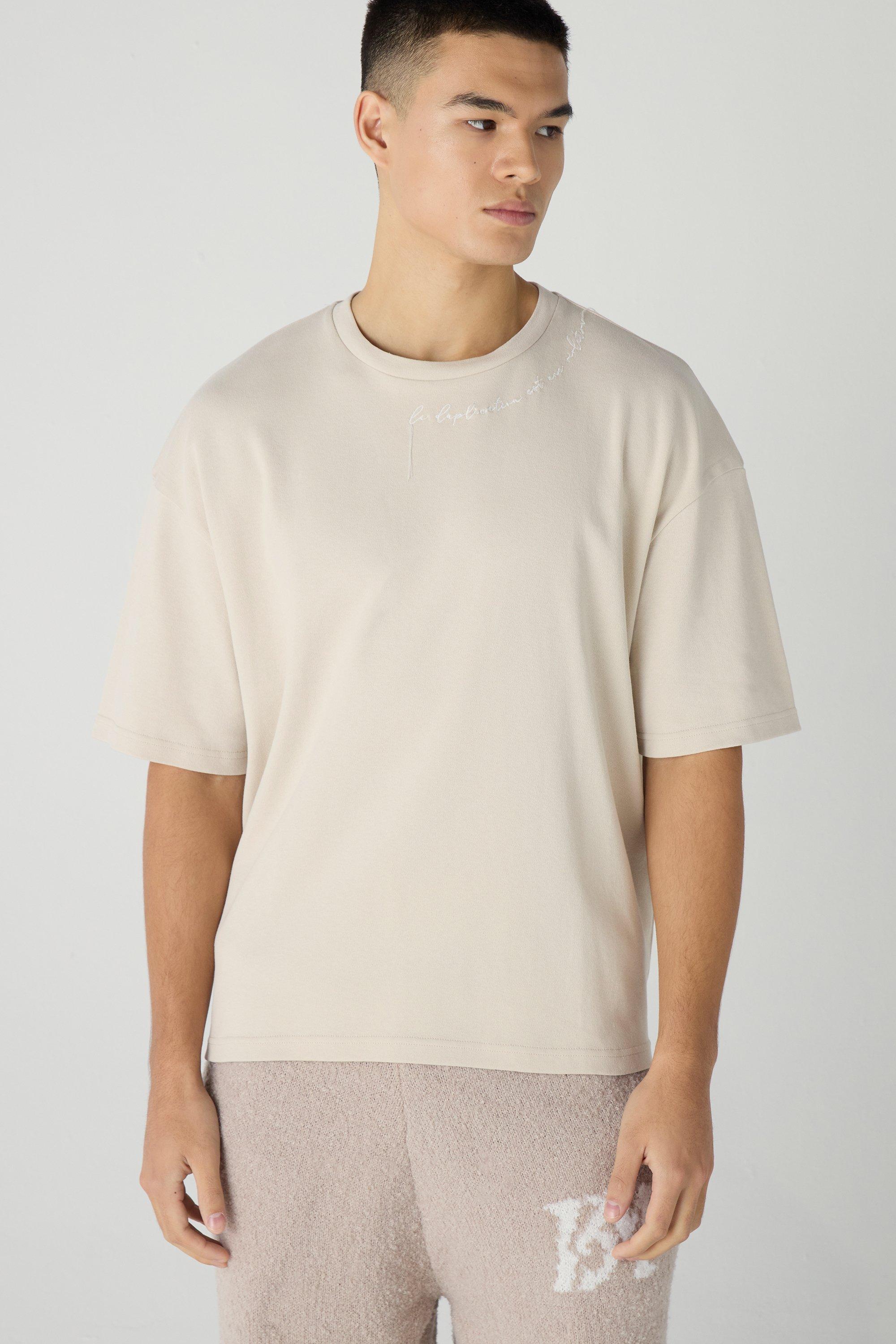 T-shirt oversize comoda con slogan ricamato, Beige